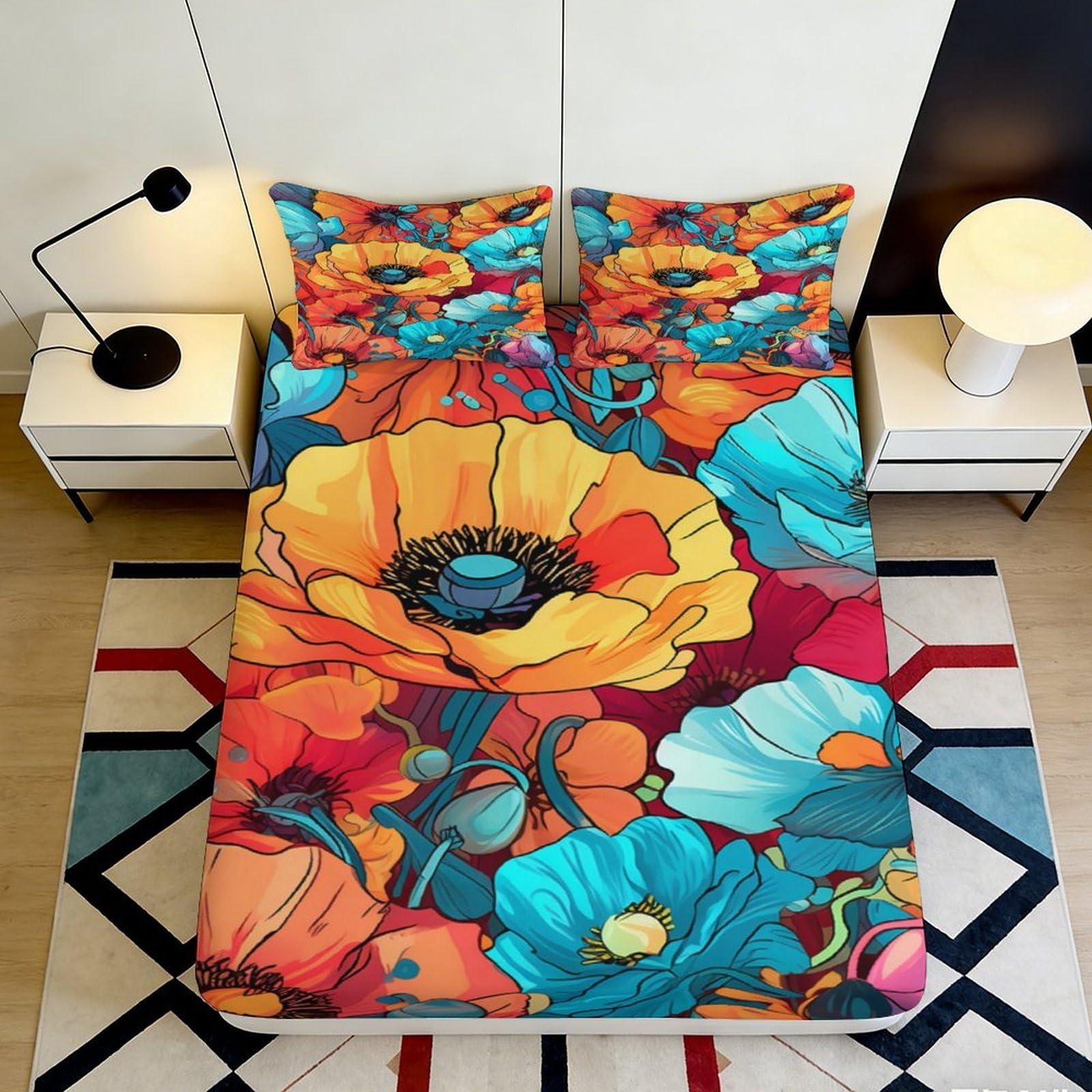 3D Printed Vibrant Floral Fitted Sheet Microfiber Soft Breathable Colorful Poppy Bed Cover for Bedroom Dormitory Guest Room Mattress Protection Decor 160x200x25cm
