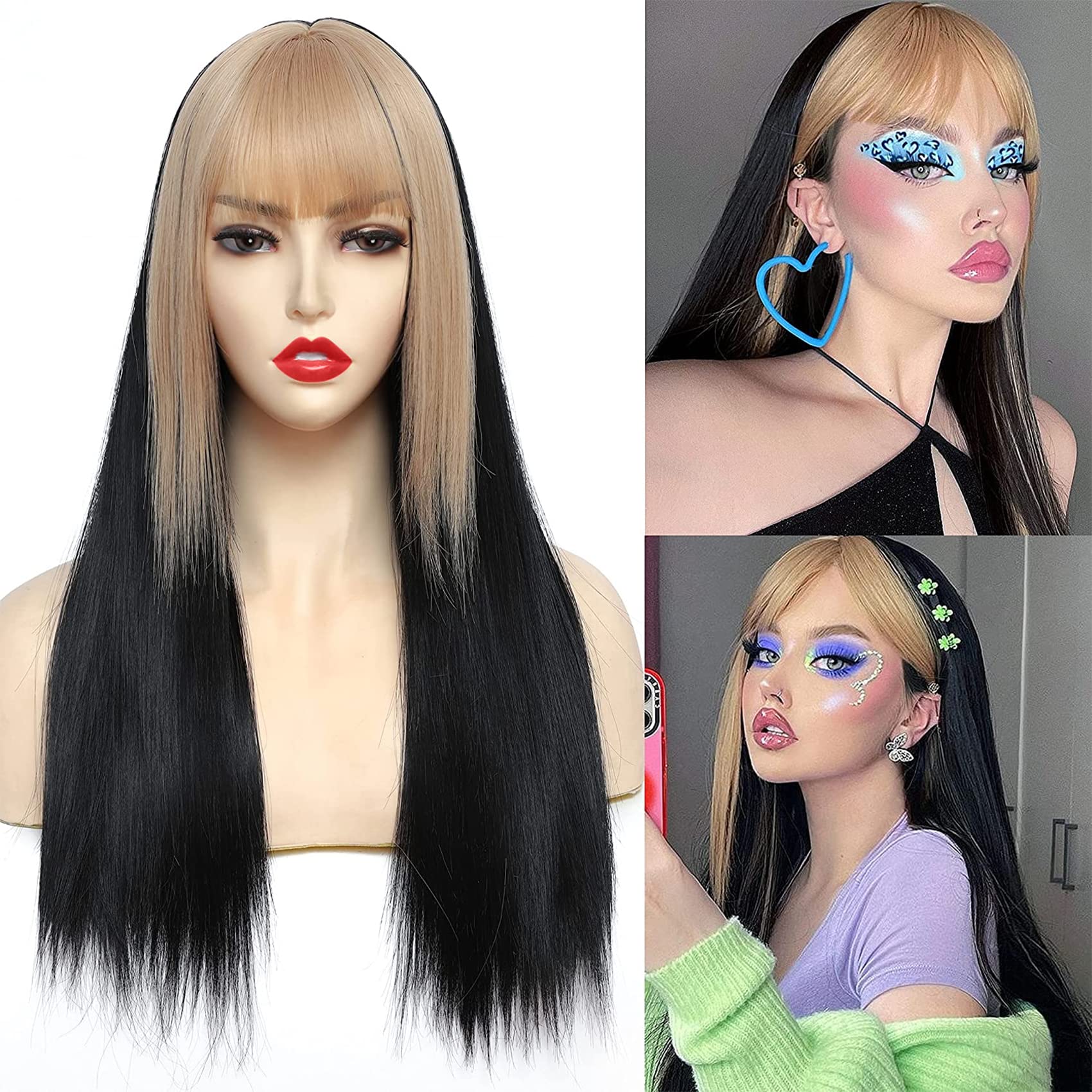 OneBluenis Black Blonde Wig — Long Straight Natural Silky 2-Tone Synthetic Cosplay Costume Wig for Women/Girls