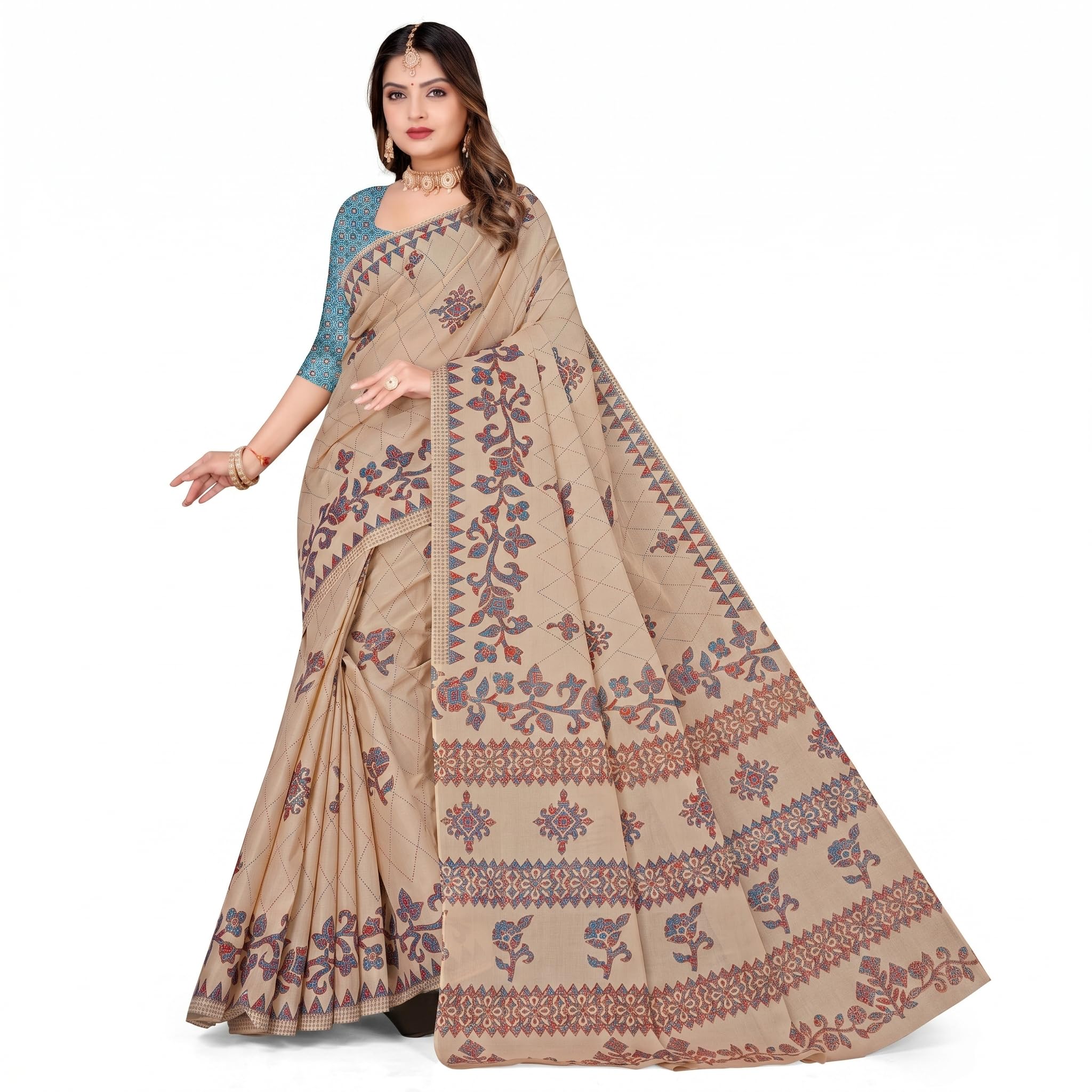 Experience the lightweight comfort of pure mulmul (stiff) cotton sarees, featuring elegant traditional prints on a warm beige base.-image-18