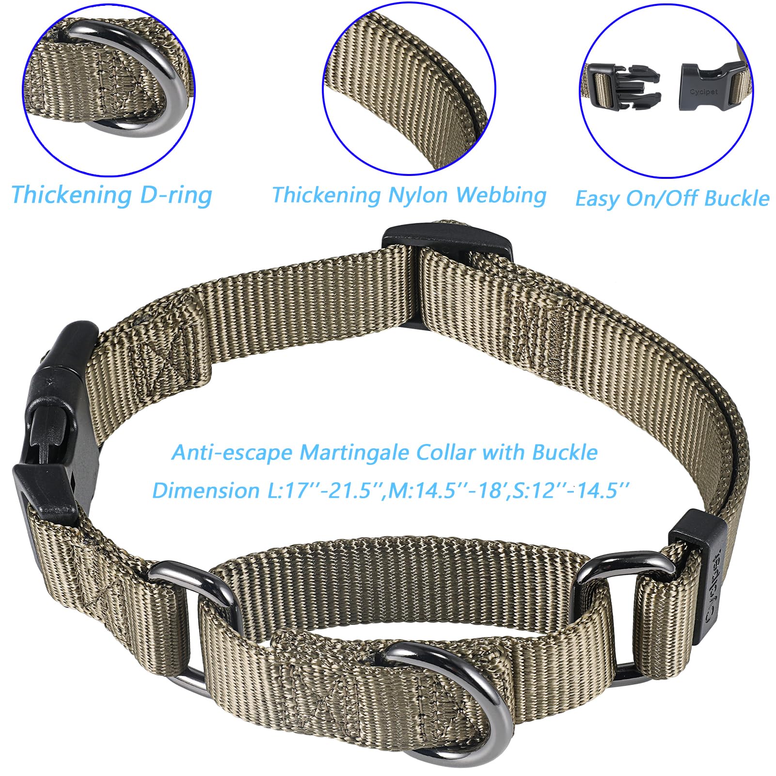 Collar de perro Martingala ajustable de nailon de alta calidad con hebilla de liberación rápida para perros de raza media, uso diario, ayuda para caminar y entrenar. (verde militar, mediano)