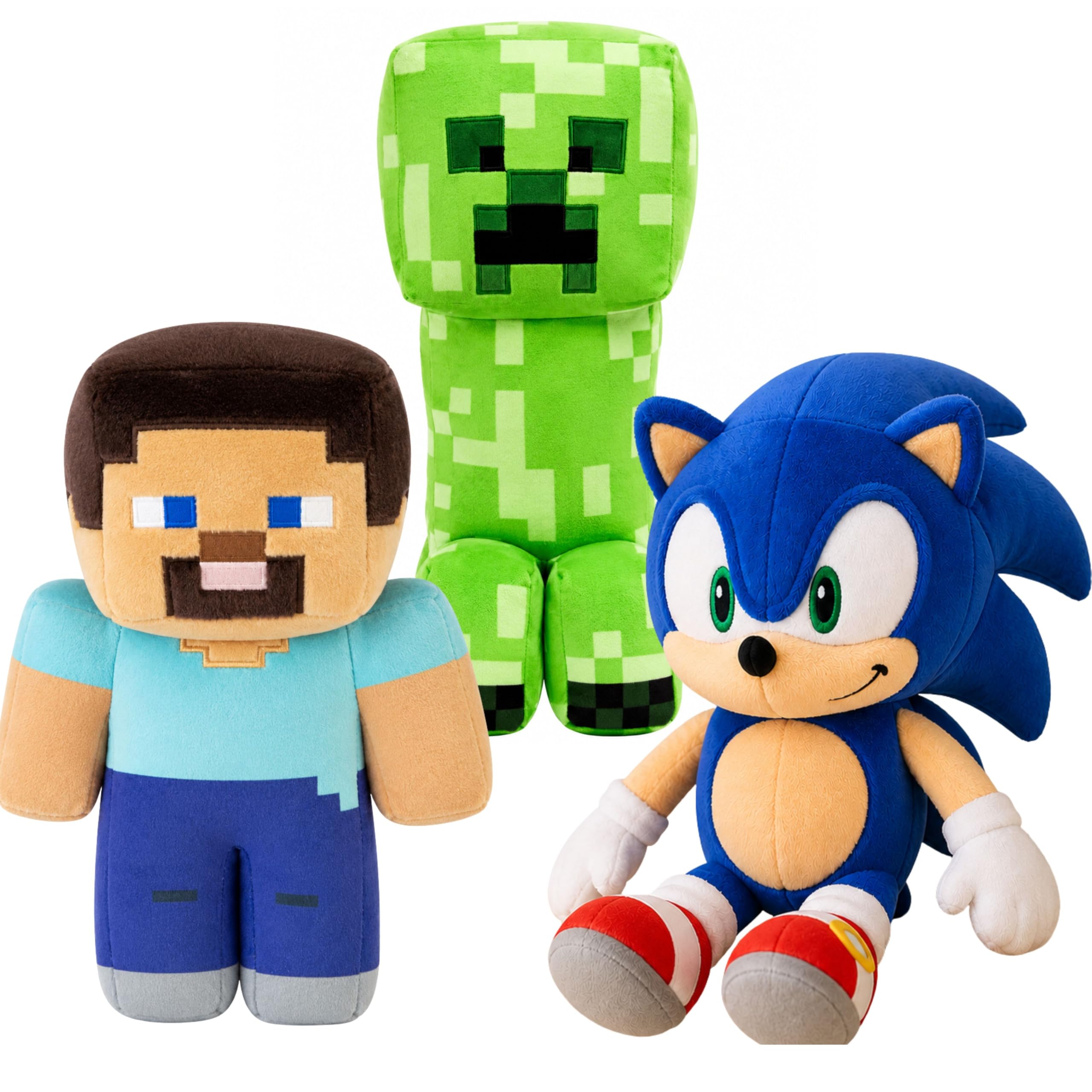 Sonic, Minecraft Steve and Creeper Plush Toys Set Soft Gaming Character Stuffed Teddy Bundle Cuddly Plush Toys for Kids Boys Girls Collectors Gift 3+ Years