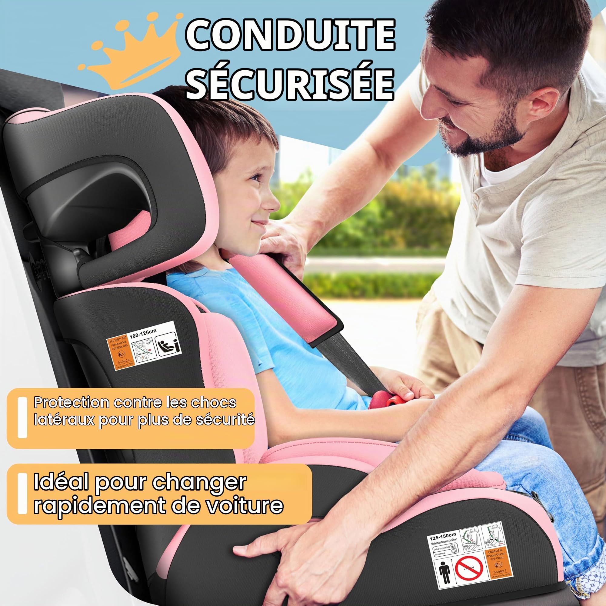 KIDIZ® Siège auto i-Size R129 de 100 à 150 cm à 12 ans, groupe 1/2/3, sans isofix, siège enfant évolutif, ceinture 5 points et appuie-tête réglable en hauteur, rose