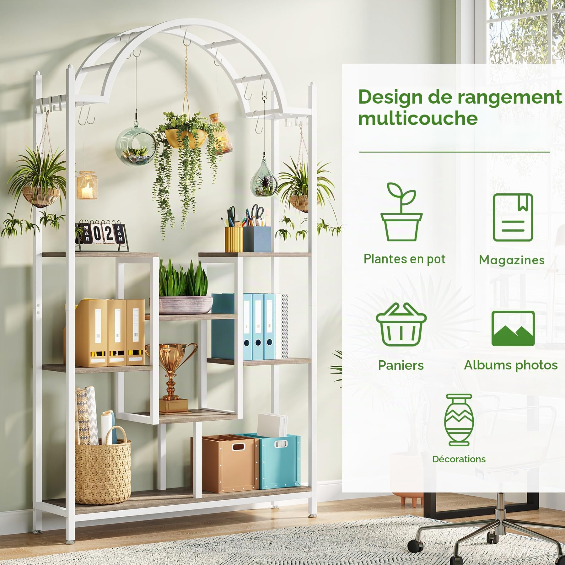 Tribesigns Support pour plantes d'intérieur à 5 niveaux - Étagère arquée en métal avec crochets de suspension - Grand pot de bonsaï pour jardin, balcon, salon - Blanc et gris