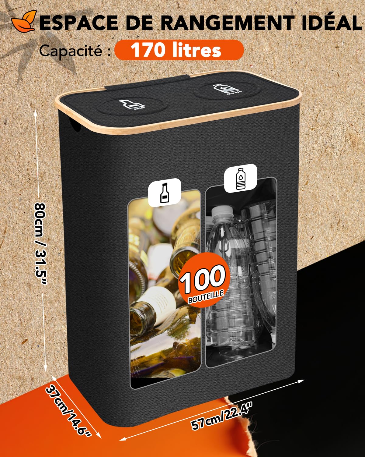 SOUTHGATE 170L Collecteur de Bouteilles Avec Couvercle, 2 Compartiments Poubelle Recyclage, 2 Réutilisables Sac Recyclage, Poubelle Tri Selectif Pour Plastique, Bouteilles Verre, Noir