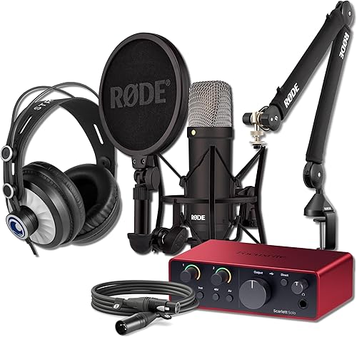 Miniatura 10 de Micrófono condensador Rode NT1 Signature Series con interfaz de audio USB Scarlett Solo de 4ª generación, soporte de micrófono con brazo On-Stage