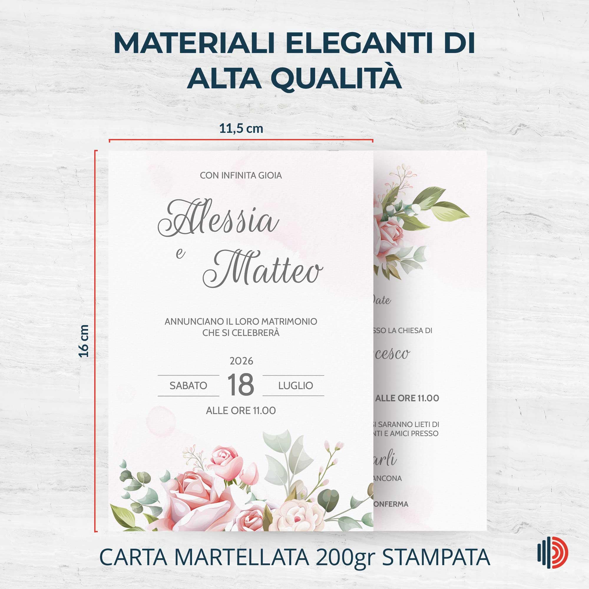 Partecipazioni Matrimonio Personalizzate 40pz Stampa inclusa - Inviti Matrimonio Personalizzabili in Carta Martellata Alta Qualità 200gr - 16x11,5cm - Essential WI-7 EchoPrint