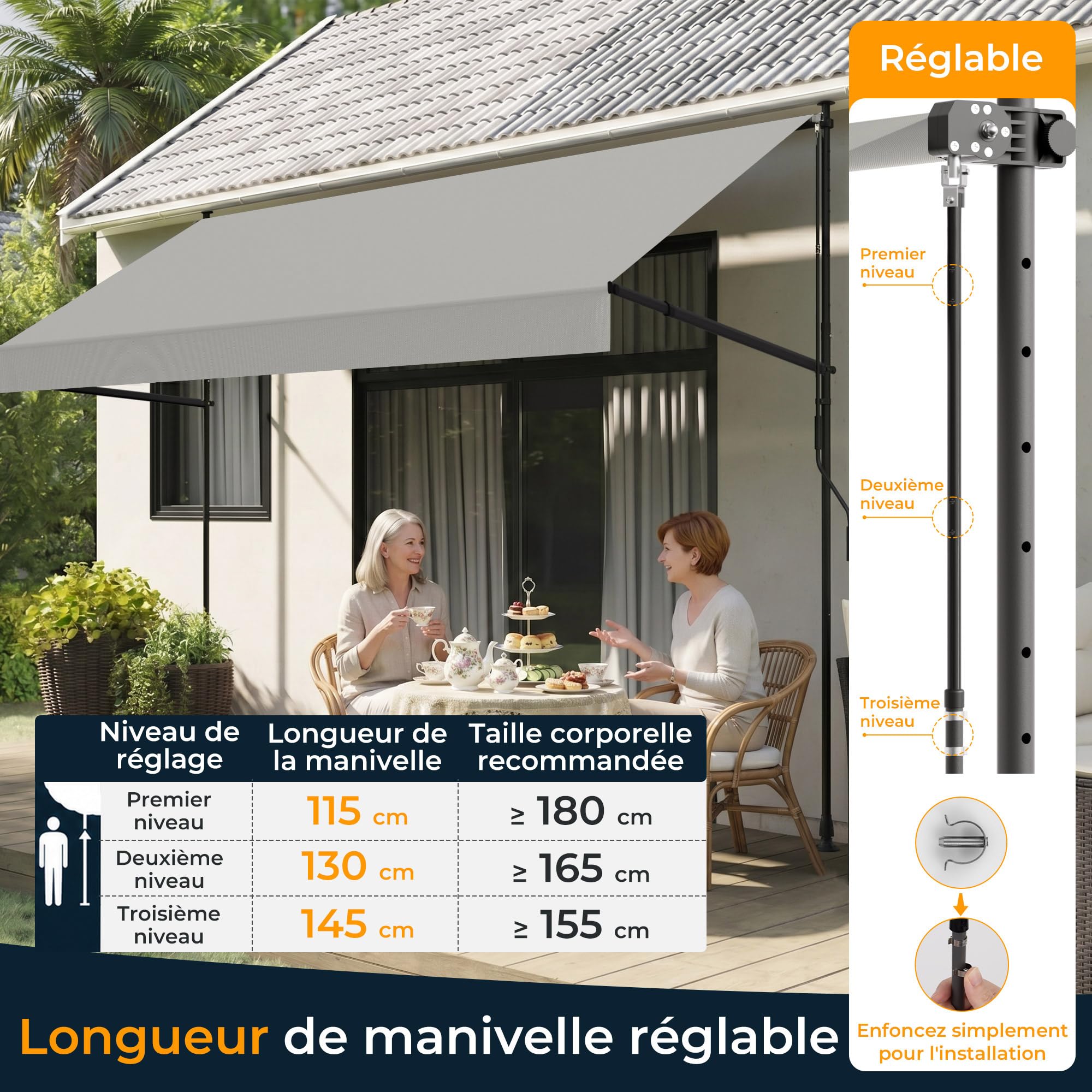 HOMEDEMO Store Balcon Rétractable avec poignée réglable, Résistant aux UV, Auvent Manuel Rétractable, Store Banne Hauteur et Inclinaison Réglable, pour Jardin, Patio Gris250 x (120-150) cm