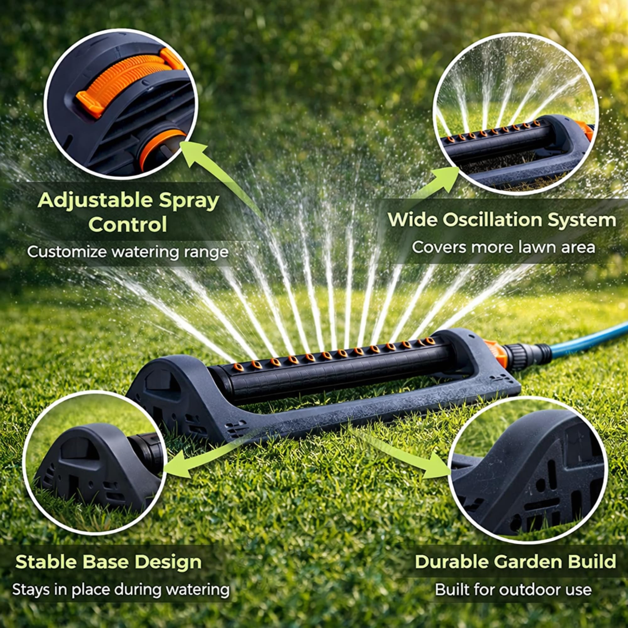 Oscillating Bar Garden Sprinkler Hose Attachment Universal - Adjustable Up To 300m² Rectangular Oscillating Lawn Water Sprinkler for Garden Watering System - Lawn Plants Grass Watering System — view 3