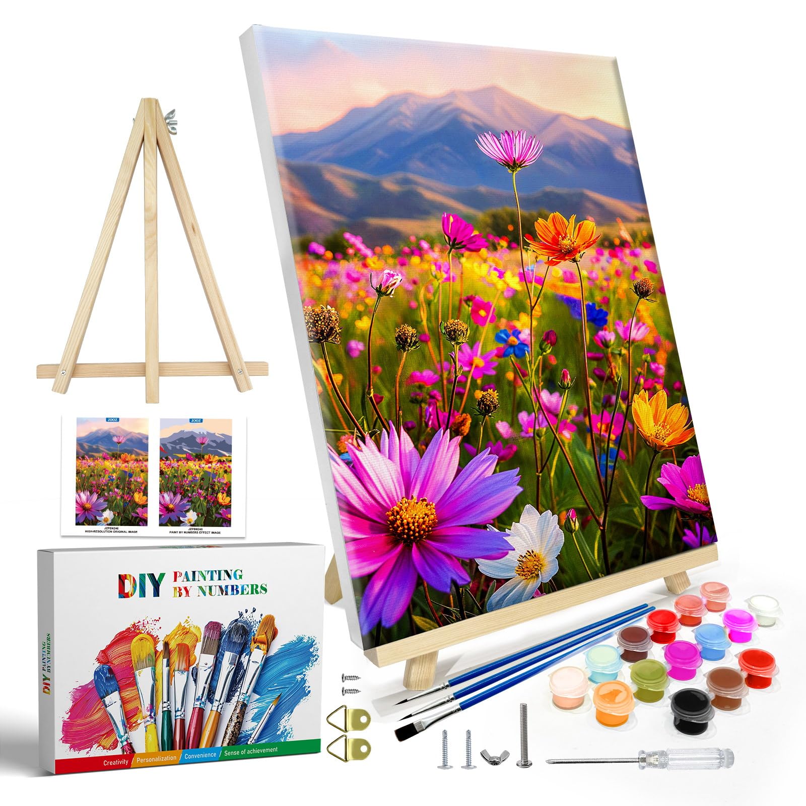 JOOZ Paint by Numbers Kit for Adults with Frame, Flowers Paint by Number with Easel, DIY Mountain Flower Oil Painting by Numbers, Easy Adult Paint by Number Kits on Canvas for Wall Decor 8x12 Inch