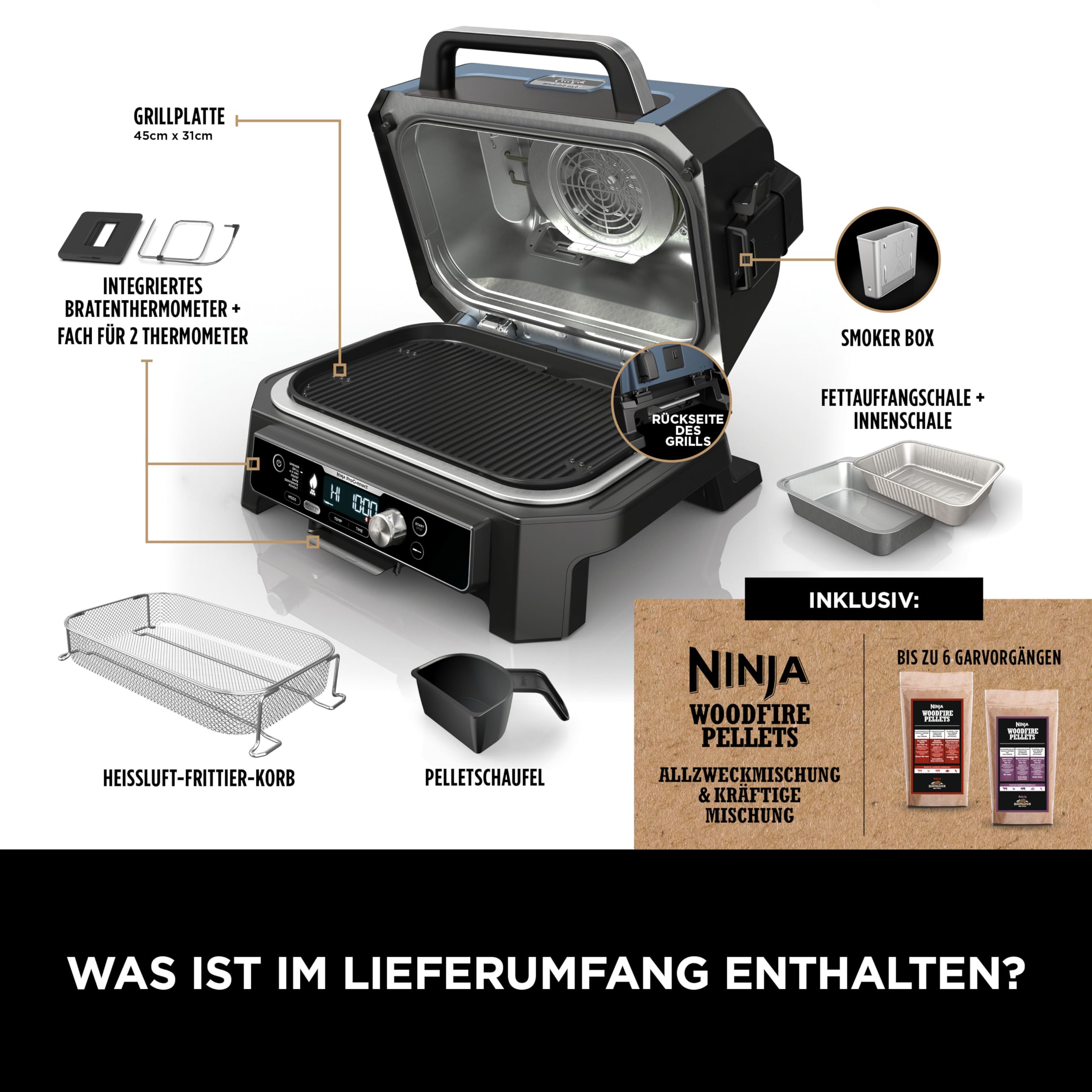 Ninja Woodfire Pro Connect XL Elektrischer BBQ Smoker Grill, App-Steuerung, digitaler Temperaturfühler, 7-in-1 Outdoor Grill elektrisch & Air Fryer mit Woodfire Pellets, wetterfest, Schwarz OG901EU