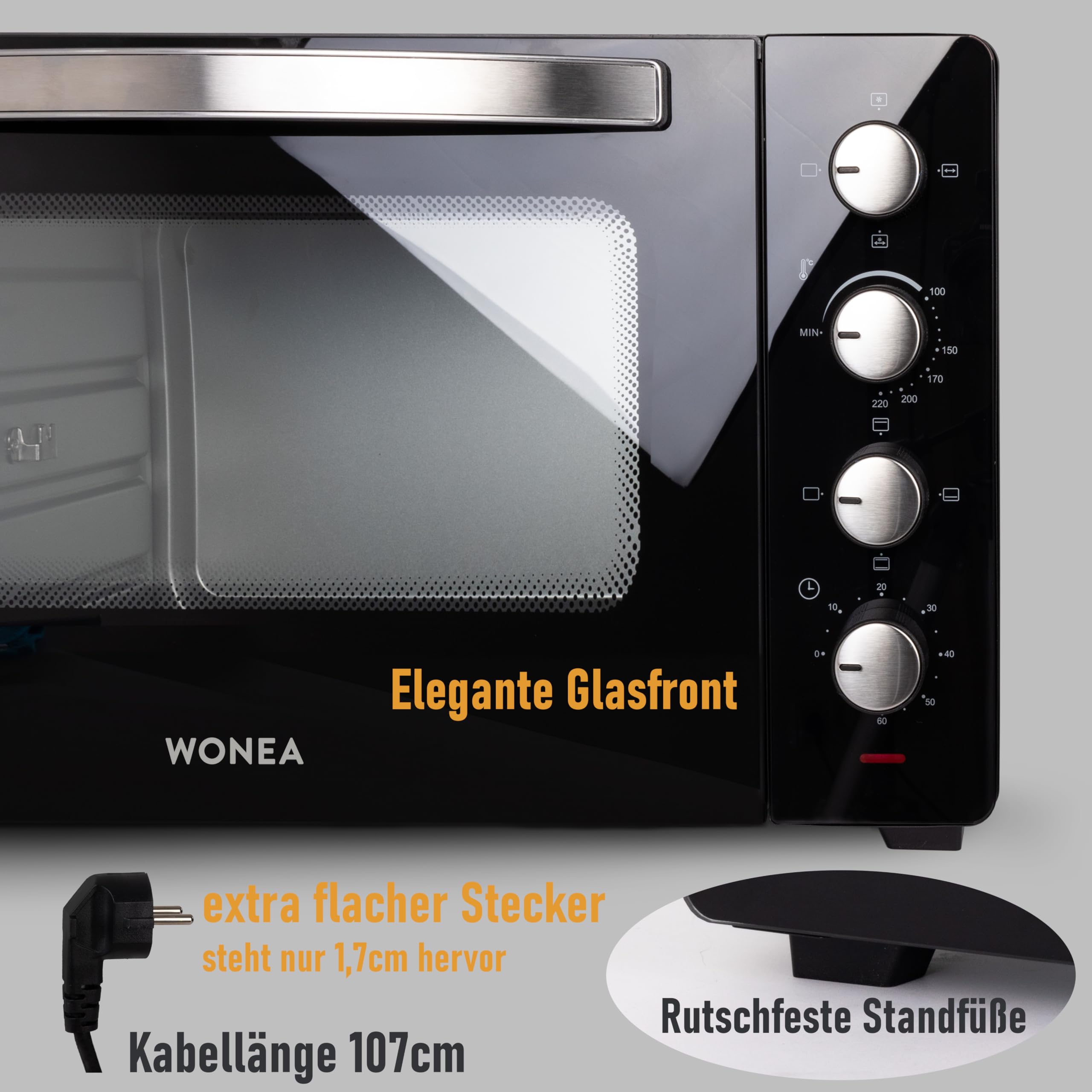 Minibackofen 45 Liter mit Glasfront und 2.000 Watt | Mini Backofen mit Umluft, Drehspieß und Krümelblech | Ober-/Unterhitze | Konvektion | 60 min Timer | Neues luft-isolierten Gehäuse, Mini-Ofen