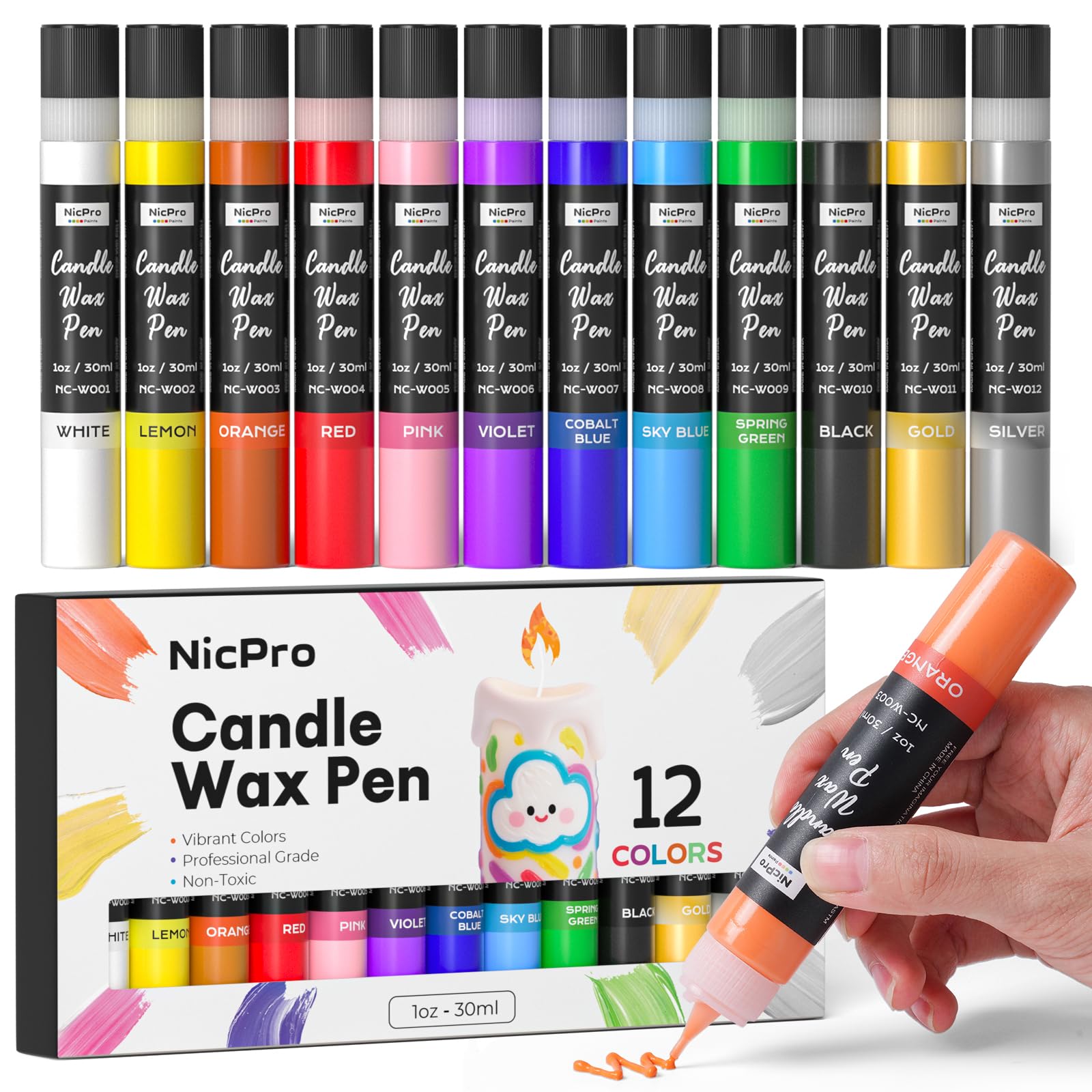 Nicpro Candle Wax Pen, 12 Colors 3D Candle Paint Include Glitter Silver Gold, Non-Toxic Candle Making & Painting Kit, Vibrant Colors Wax Paint for Crafts DIY Birthday Holidays Wedding Party 1-oz(30ml)
