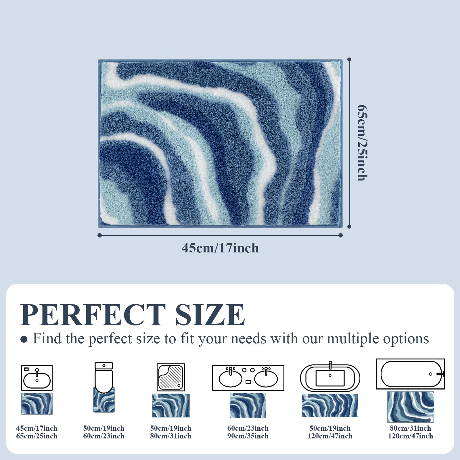 Enyhom Badematte rutschfest 45 x 65 cm, Weicher Dicker Blau Badezimmerteppich Waschbar Badteppich, Super Saugfähig Flauschig Schnelltrocknend Duschvorleger, Mikrofaser Klein Bad Teppich für Badewanne