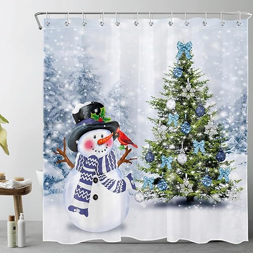 Miniatura 8 de LB Cortina de ducha de muñeco de nieve de Navidad, lindo muñeco de nieve con árbol de Navidad en invierno, bosque nevado, cortina de ducha de baño,