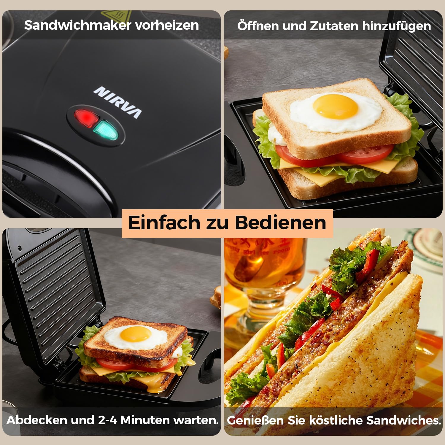 Nirva Appareil à sandwichs double - 750 W, Revêtement antiadhésif, forme classique à deux compartiments pour 2 sandwichs, chauffe rapidement, poignée isolée thermiquement, noir