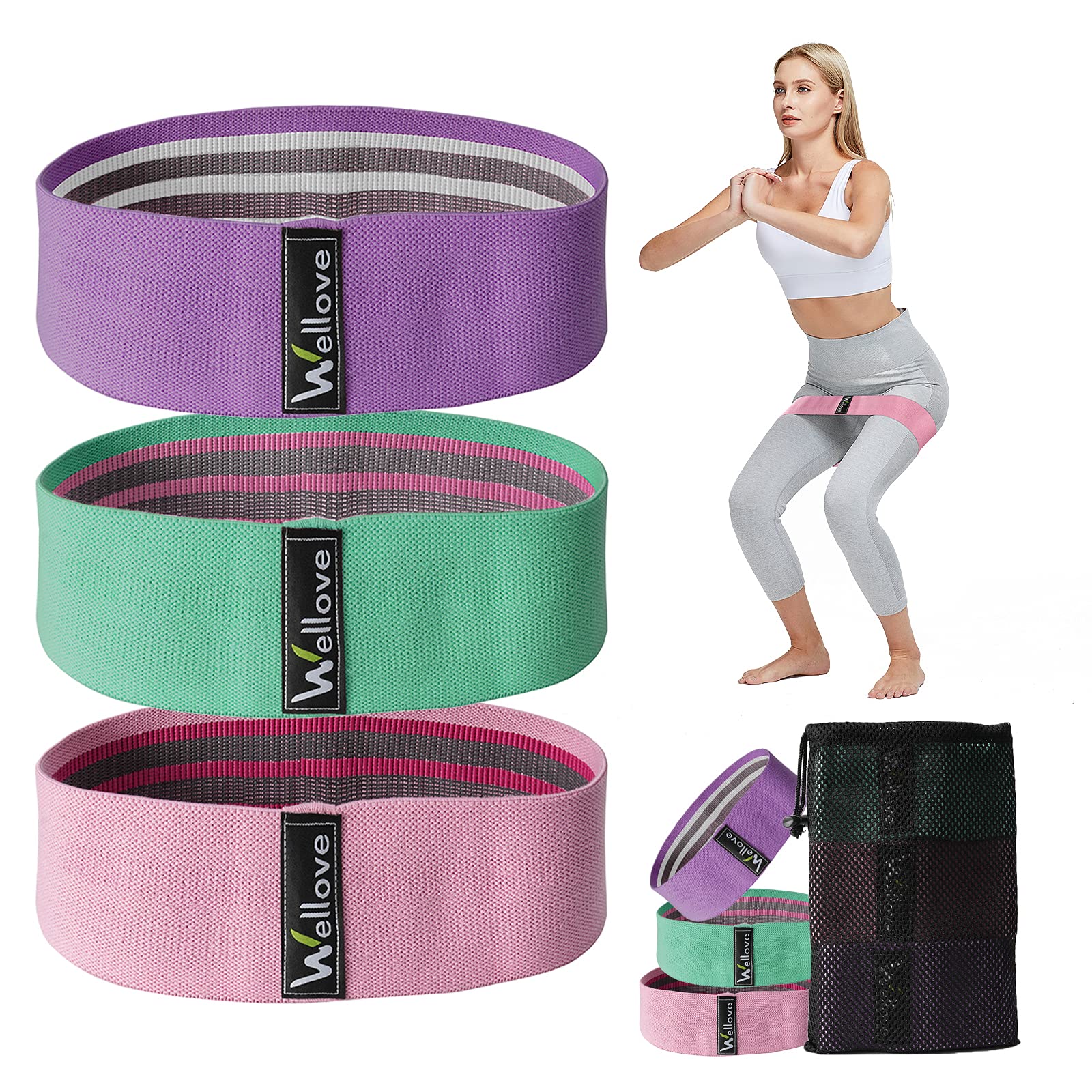 WELLOVE Loop Resistance Bands for Legs and Butt with 3 Resistance Levels, Workout Glute Bands Resistance for Men and Women, Anti Slip
