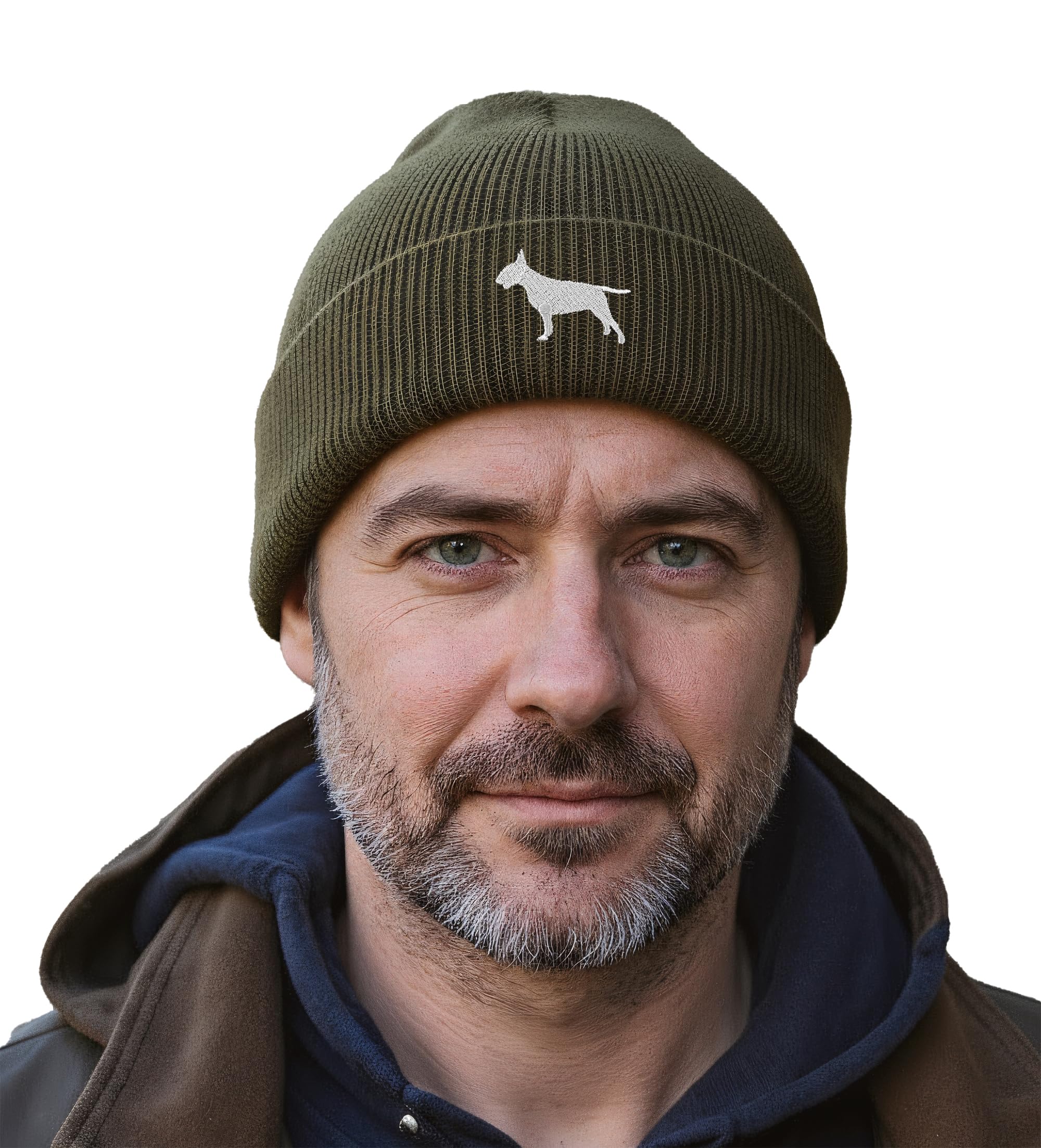 The House Of Dog: Bull Terrier Owner Gift. Classic Cuffed Unisex Beanie Ski Hat with Embroidered Design. Olive