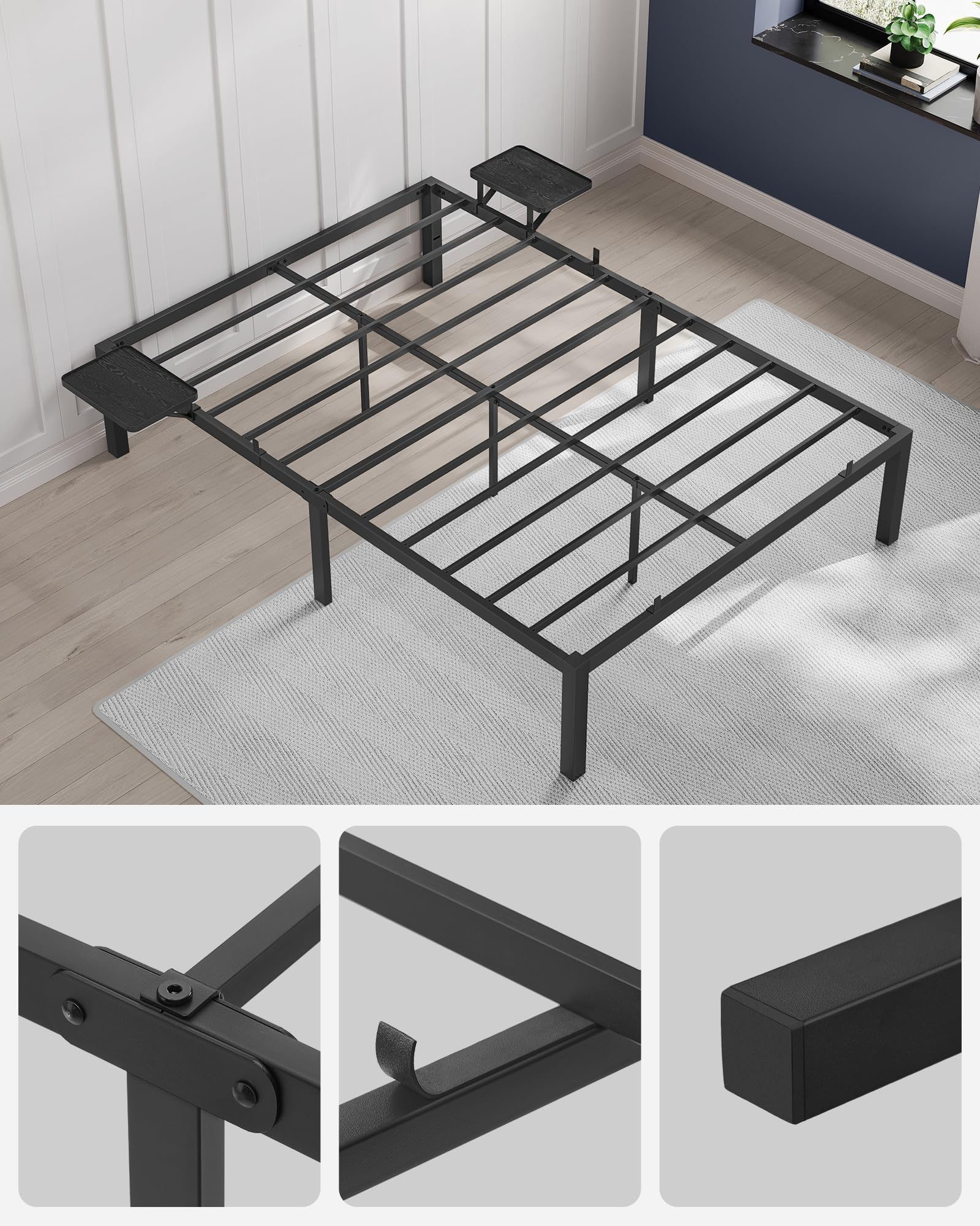 VASAGLE Rama łóżka 140 x 200 z metalowym stelażem, podwójne łóżko metalowe z półkami do przechowywania, łatwy montaż, tusz czarny RMB094B01V1