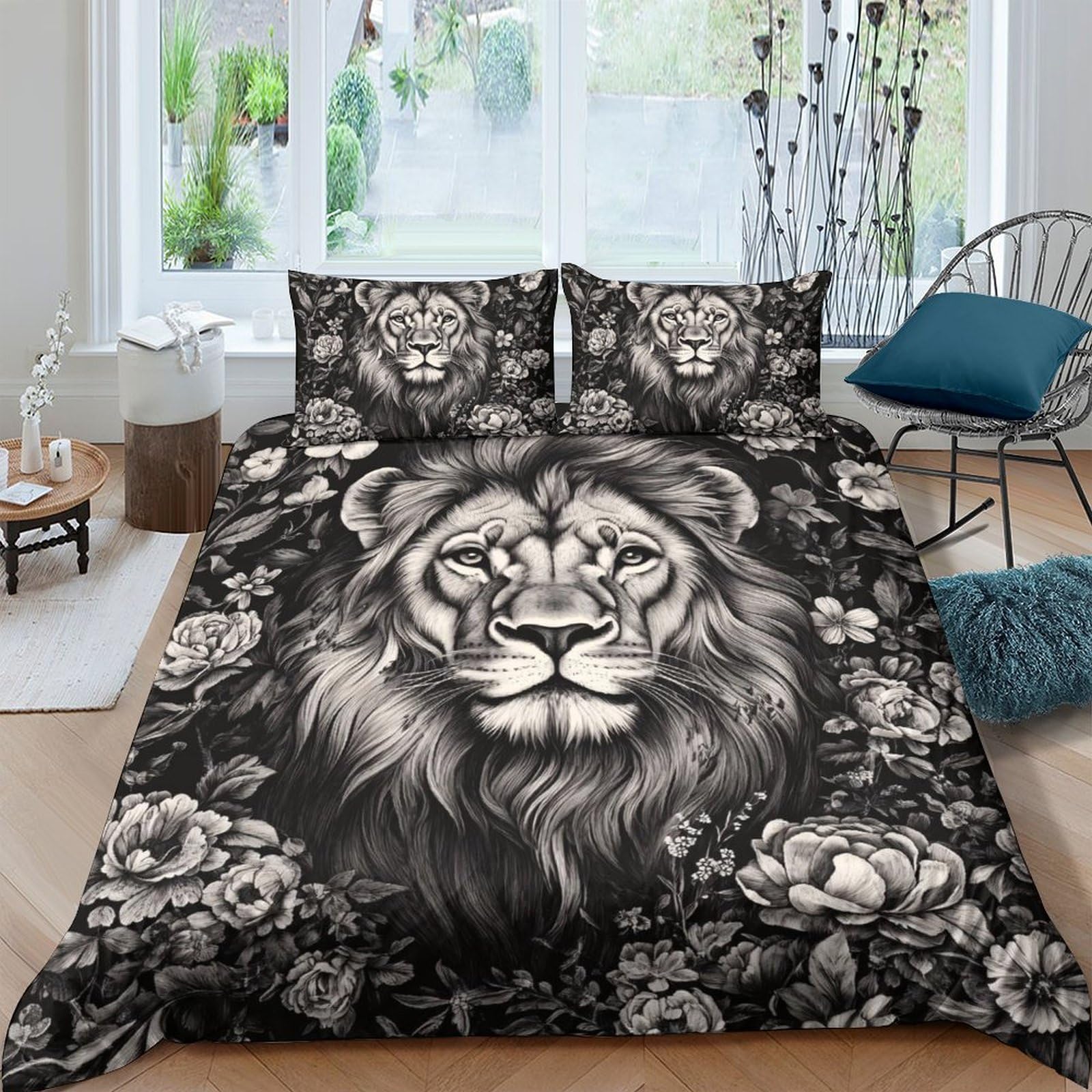 Ctjqhvkz Style-1 3D Printed Lion Floral Fitted Sheet Microfiber Soft Decorative Bed Cover For Bedroom Guest Room Easy Care Single（135X200cm）