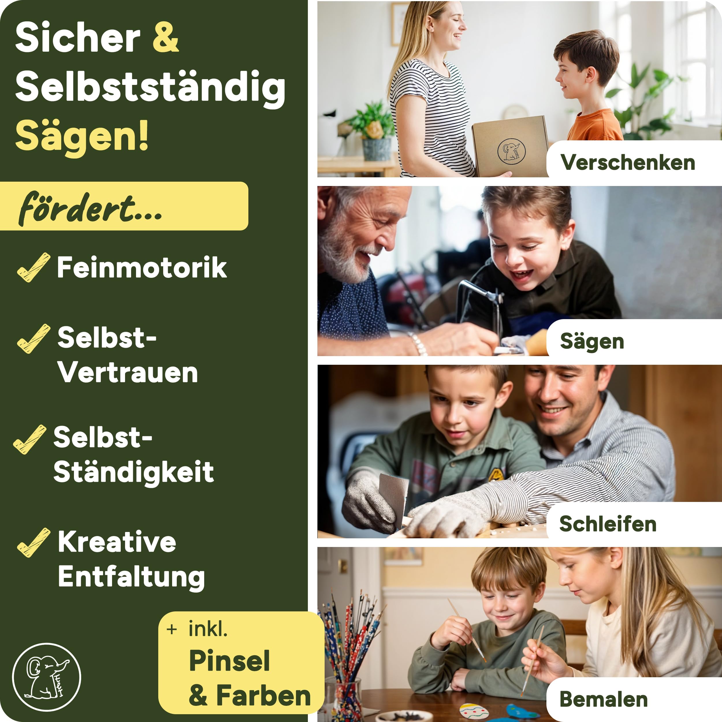 Eli® Laubsäge für Kinder - Komplett Set für Laubsägen inkl kreative Vorlagen - Laubsägeplatten - Farben - Pinsel - Schleifpapier - Holz - Geschenkidee Junge und Mädchen