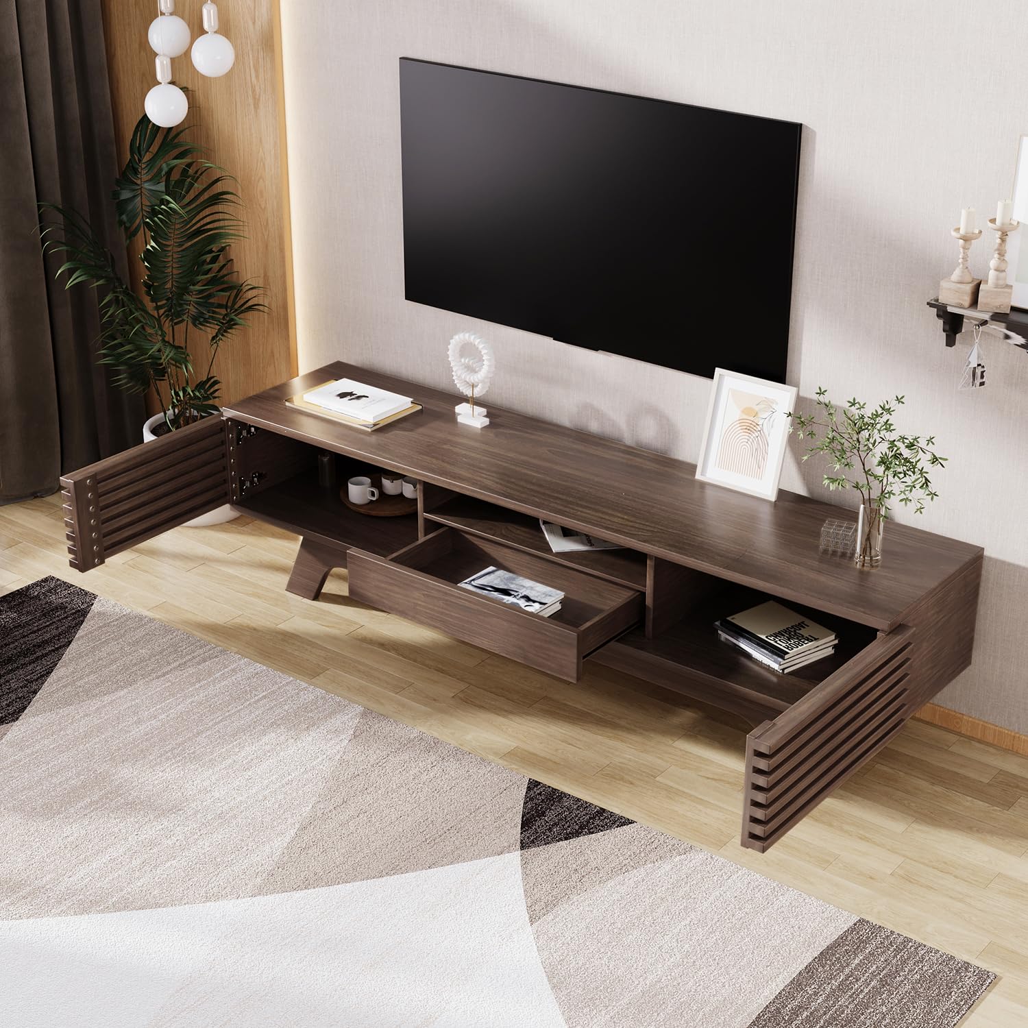 150 × 35 × 44 cm - Meuble TV Bois avec Tiroir Et Portes - Table Television Salon, Design Vintage, Rangement Multimédia avec Gestion des Câbles - Meuble Bas pour Salon