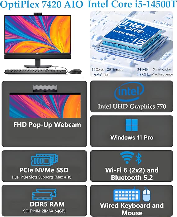 Dell OptiPlex 7420 7000 24 Business All-in-One Desktop Computer, 16GB DDR5 RAM, 512GB PCIe SSD, 14th Gen Intel 14-Core i5-14500T (Beat i7-13700T), 23.8 FHD, WiFi 6, USB-C, DisplayPort, Windows 11 Pro