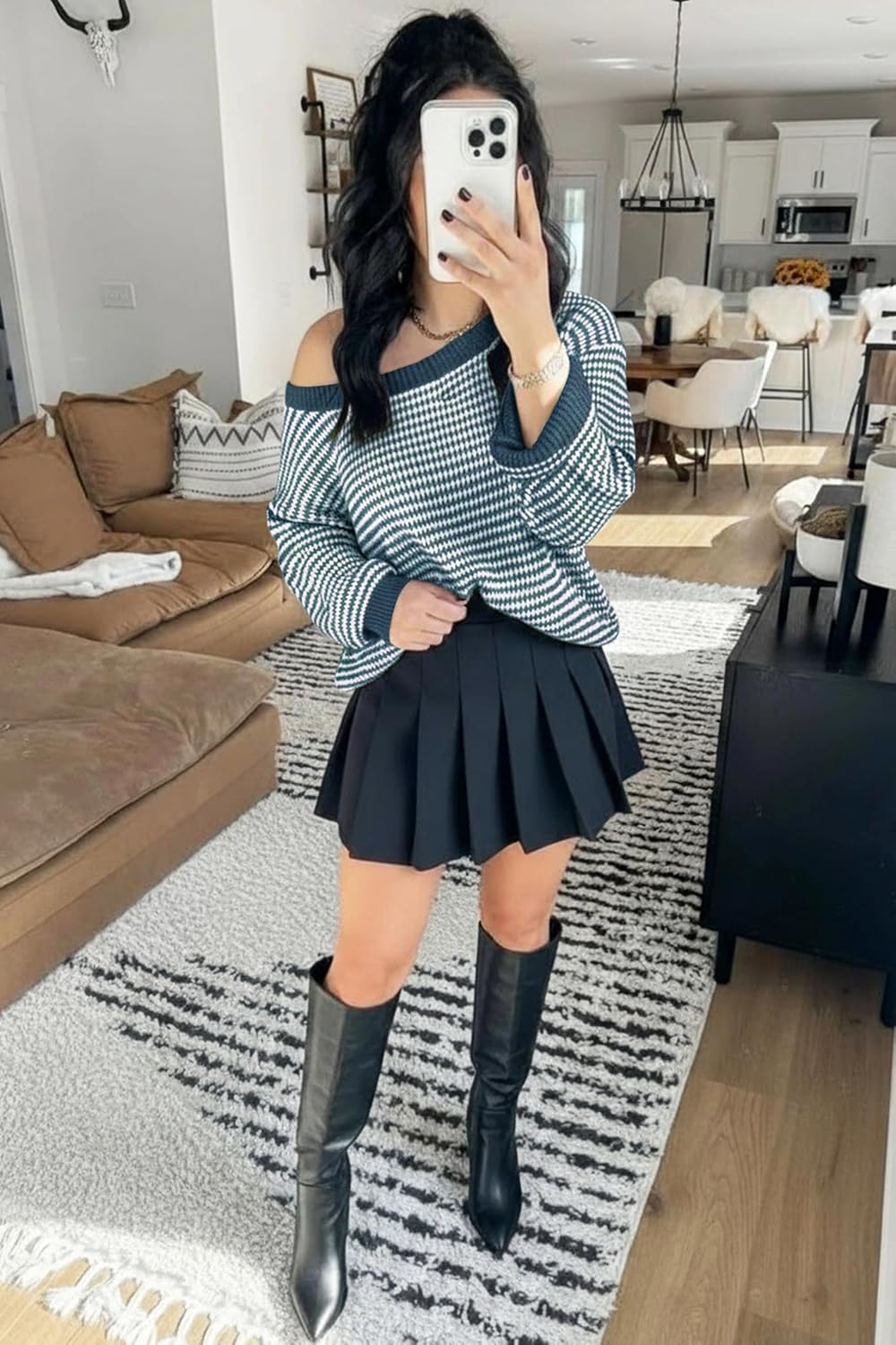 Soesdemo Womens Oversized Sweater Off The Shoulder Crewneck Striped Cute Long Sleeve Knitted Pullover Tunic Sweaters - Image 5