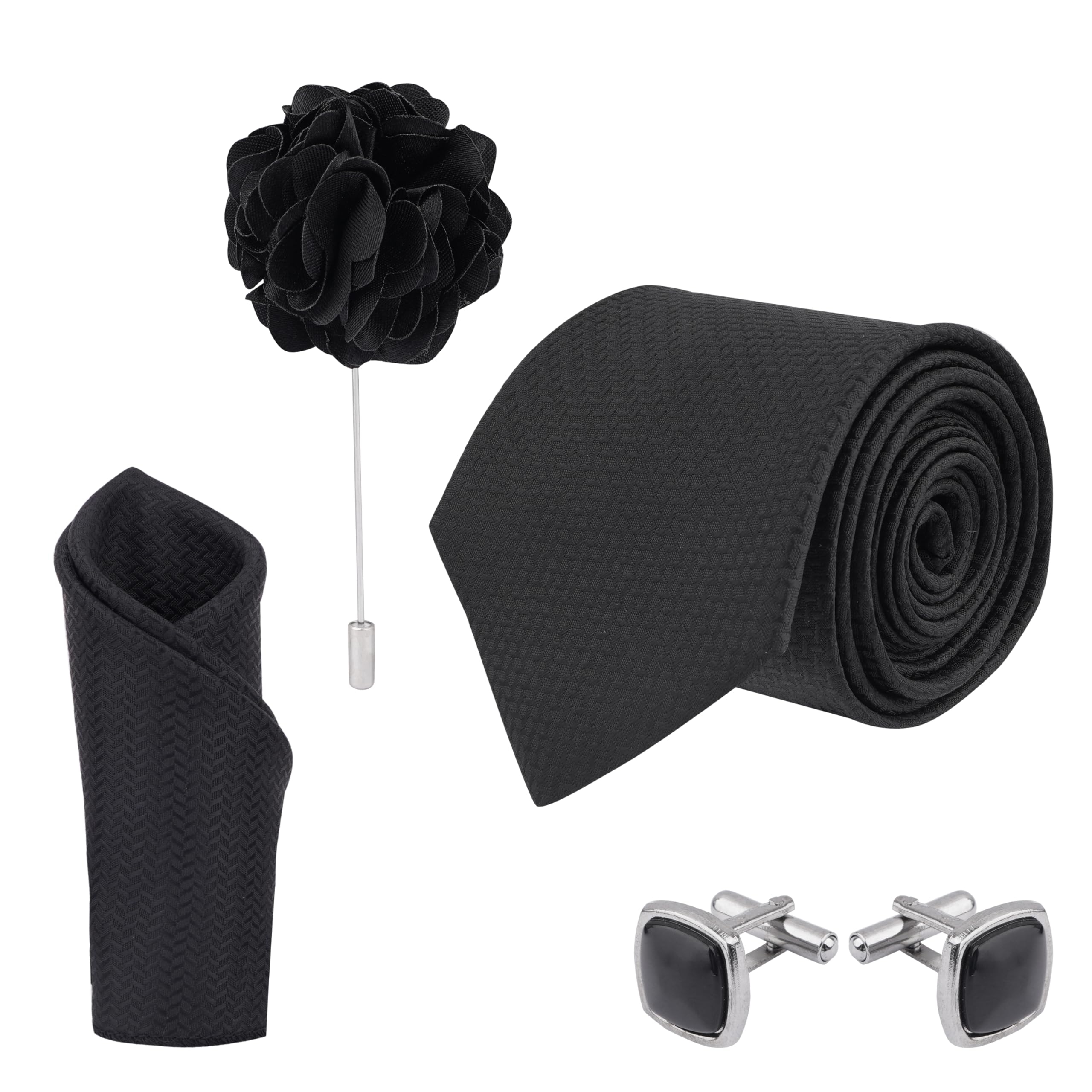 calixto Men's Black Criss Cross Design MicroPoly Formal Necktie Tie With Pocket Square,Lapel Pin,Cufflinks, Solid Color Tie with Silky Feel (Leatharite Gift Box) (Pack of 4)-picture-25