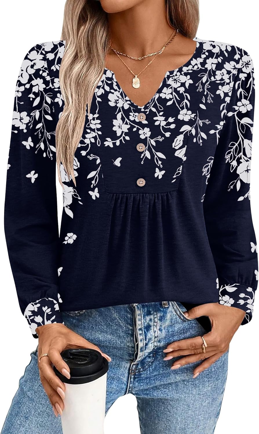 Zeagoo Long Sleeve Shirts for Women 2025 Casual Pleated V Neck Fall Tunic Tops Button Down Blouse Dressy Loose T-Shirts