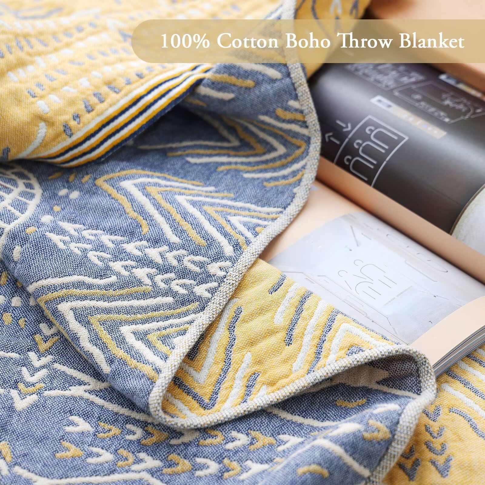 Boho Plaid - Manta reversible ligera 100% algodón para todas las estaciones, suave y transpirable, perfecta para cama, sofá y granja, flores, edredón