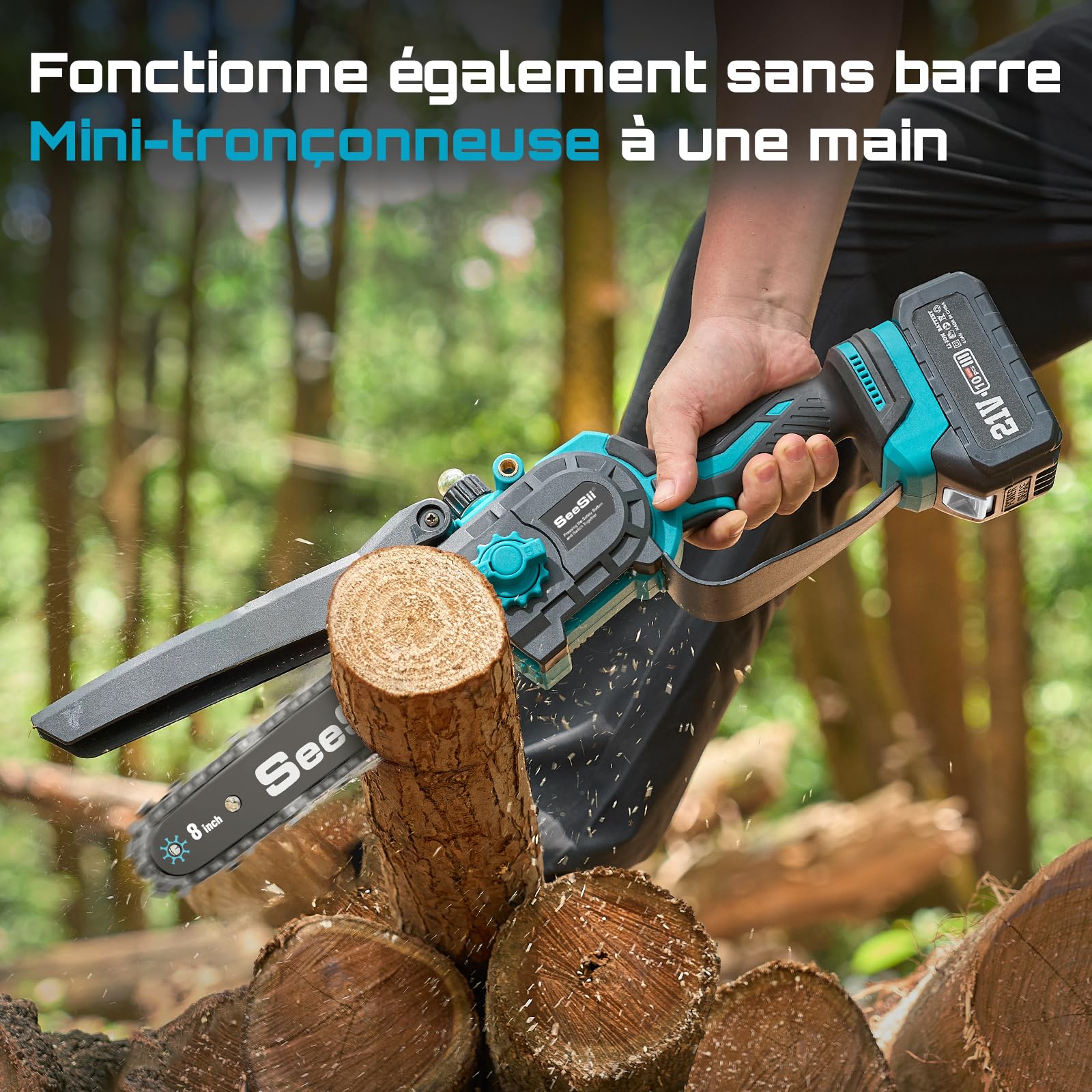 SEESII PS810 Mini Tronconneuse & Elagueuse sur Perche 8 Pouces, 2-en-1 Tronconneuse a Batterie, avec 2 x 4000 mAh Batteries, Portée 4,87 M, Système D'huile Automatique, pour Branches et Jardin
