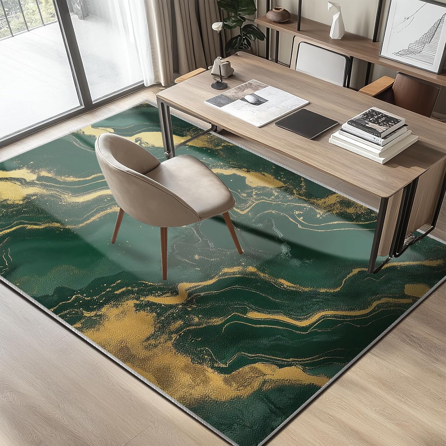 5x7 Area Rug Green Gold Modern Rug for Living Room Indoor Machine Washable Rugs for Bedroom Ultra Soft Dining Room Large Carpet Non-Slip Non-Shedding Throw Rug for Home Office Kids Playroom
