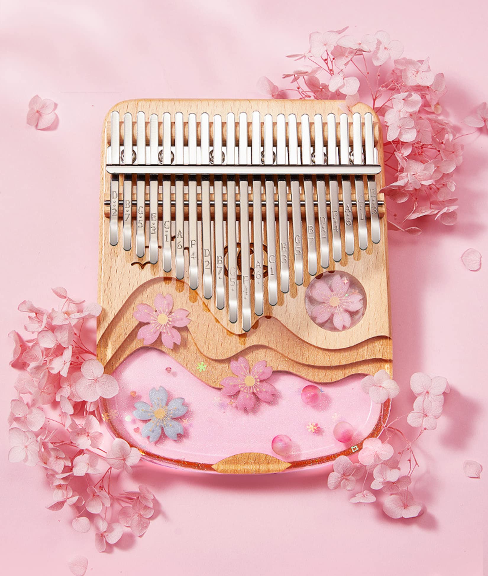 BOTOWI 21 Key Daumenklavier Crystal Kalimba, Transparentes Acryl C-Ton mit Eva-Tasche, 17 Tasten Fingerklavier Musical Geschenk, Aufkleber, Stimmhammer, Reinigungstuch,21keys Sakura