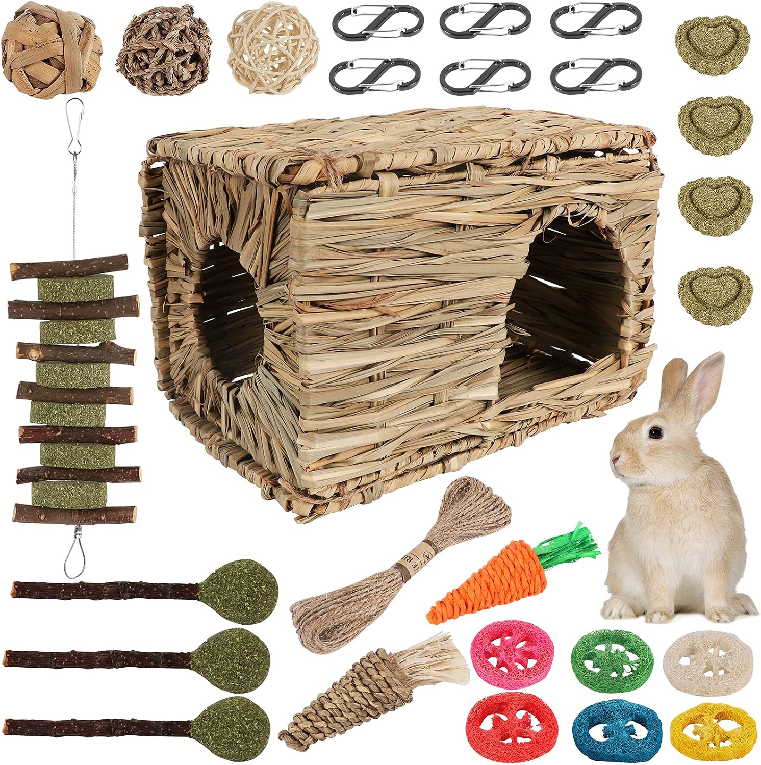 Bunny Grass House Handmade, Nature Grass Comfortable Hideout with Chew Toys for Rabbits, Chinchilla, Guinea Pigs and Small Animals to…