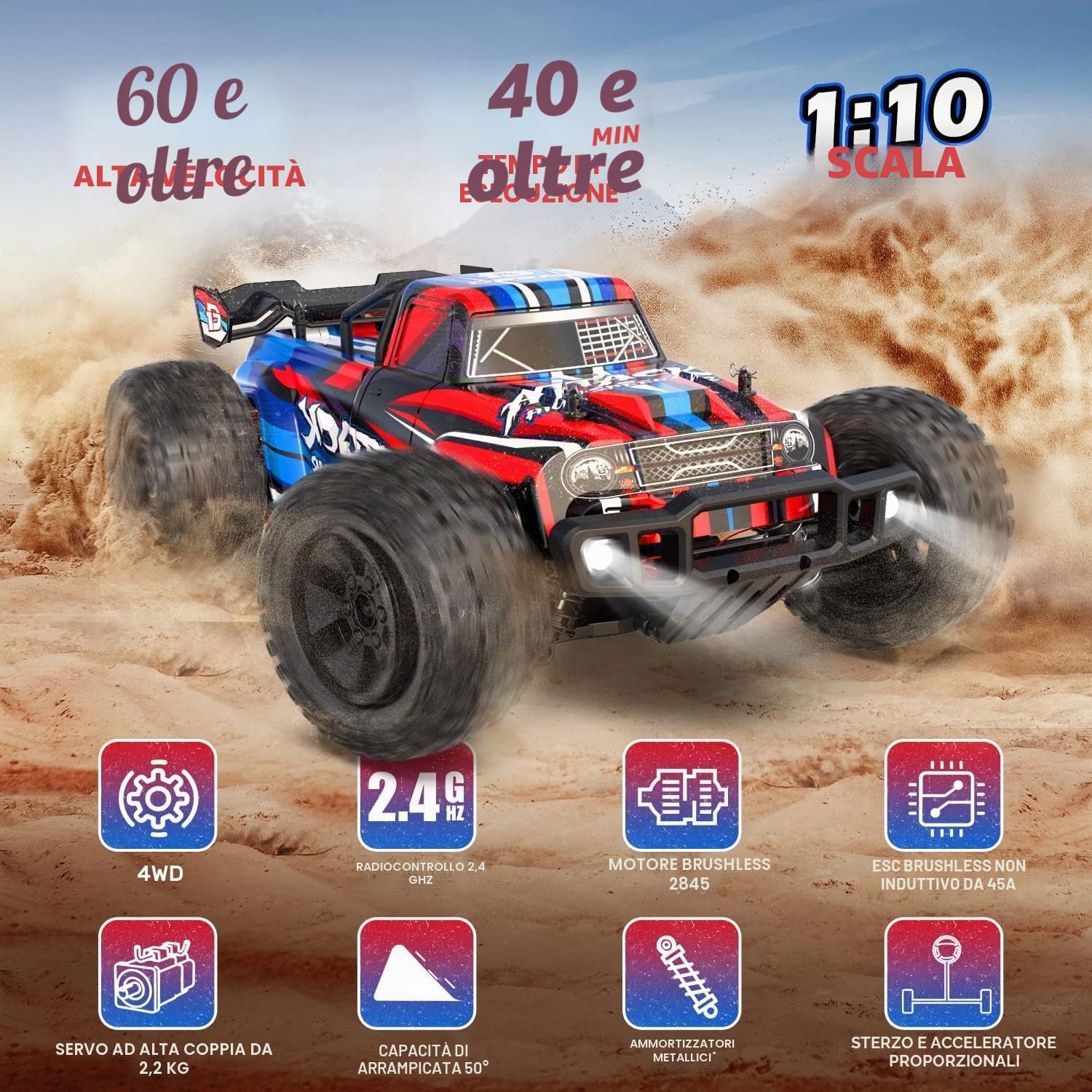 DEERC Auto telecomandato 1:10 scala alta velocità senza spazzole, per adulti, 4WD 60+ KM/H alta velocità, 2.4Ghz fuoristrada RC Crawler 40+ minuti di tempo di gioco, regalo per ragazzi (210E)