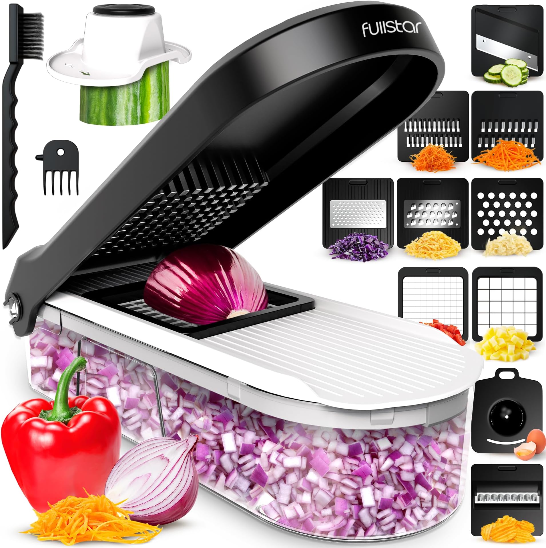 Fullstar Multifunctional Vegetable Slicer and Mandolin Slicer or Cube, Onions, Carrots, Cucumbers, Fries, Fruits - Vegetable and Cheese Grater - Kitchen Accessories (Compact 10-in-1 White)