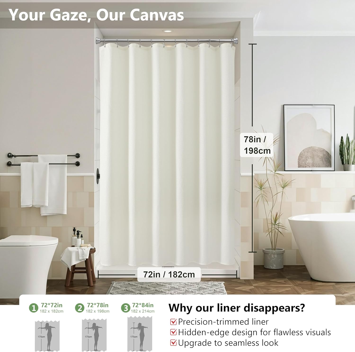 VANZAVANZU Luxury 3 in 1 Shower Curtain Set 3D Textured Waffle Weave Bathroom Curtain with Waterproof SGS Certified Fabric Liner & 12 Anti-Fall Stainless Steel Hooks, Machine Washable 72"x78" (Cream)