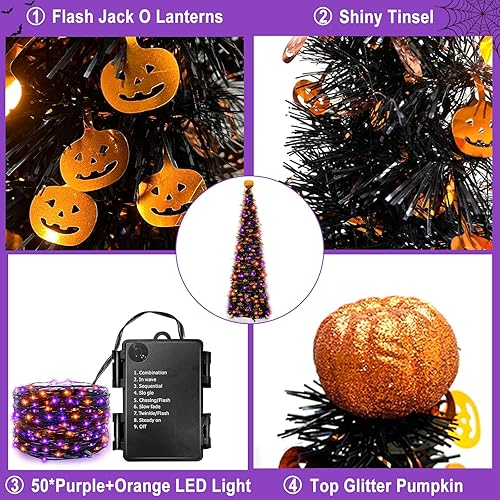 Miniatura 6 de TURNMEON 5Ft Black Tinsel Halloween Tree with 50LED Orange Purple Lights Timer 8 Modes Pumpkin Ornament Pop Up Artificial Pencil Tree Halloween