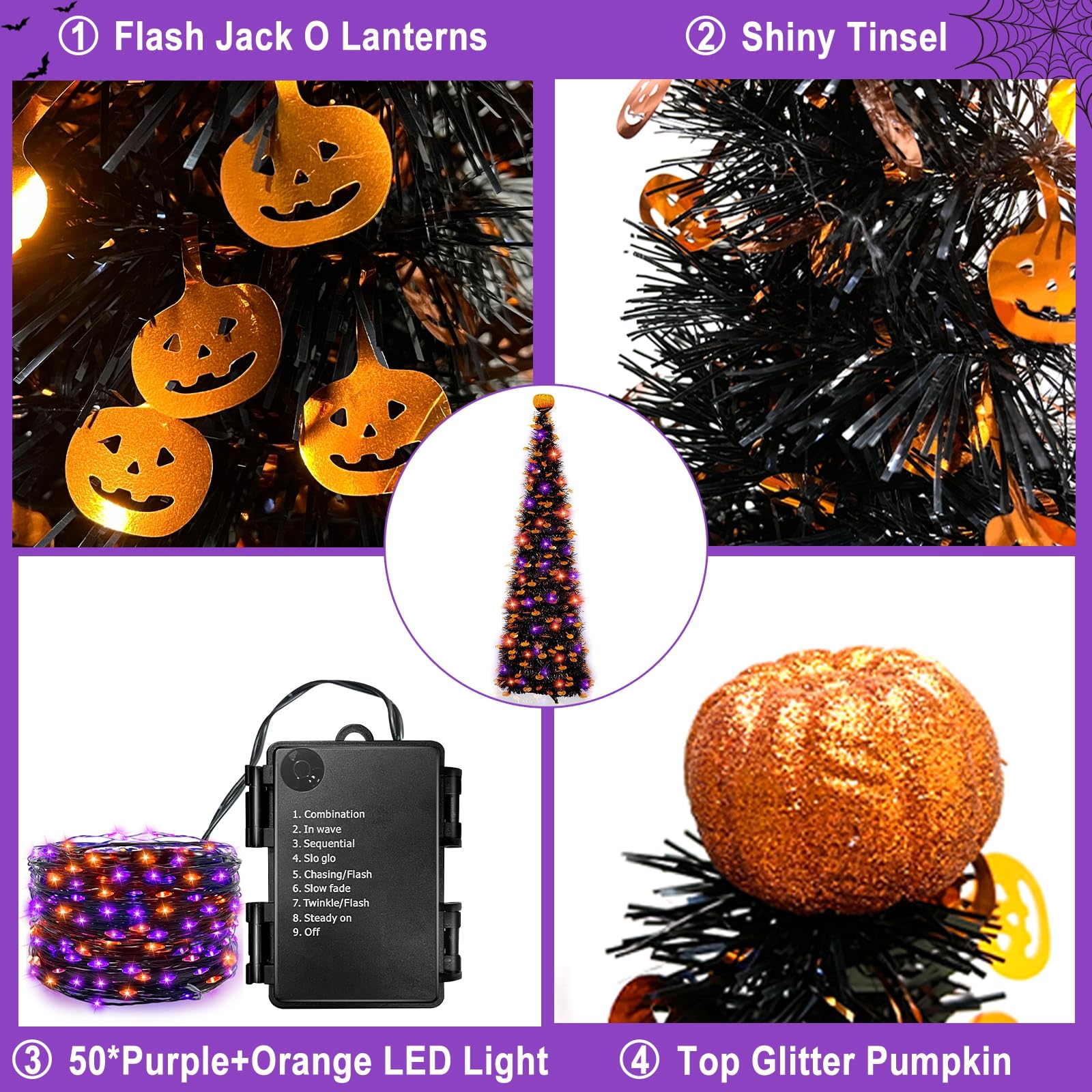 TURNMEON Czarne brokatowe papierowe drzewo ze światłami, dekoracja domu na parapetówkę Święto Dziękczynienia i Halloween