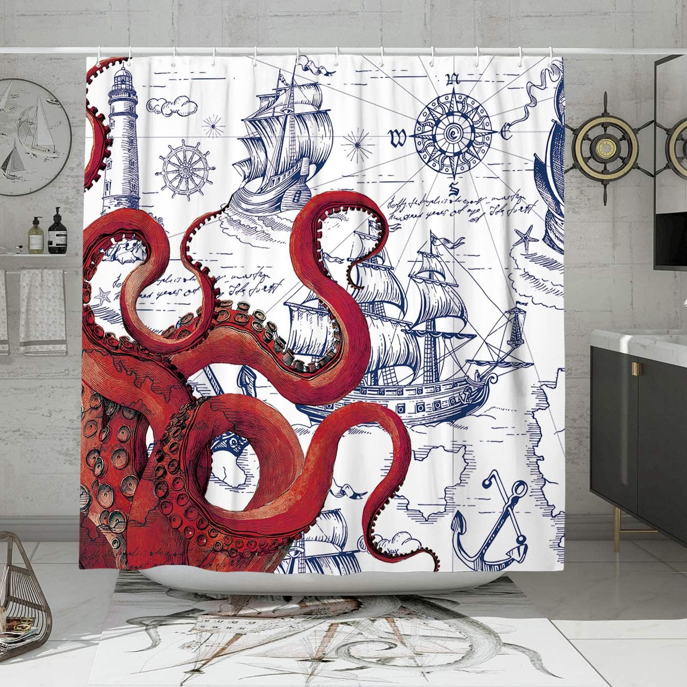 DESIHOM Red Nautical Octopus Shower Curtain Set, Funny