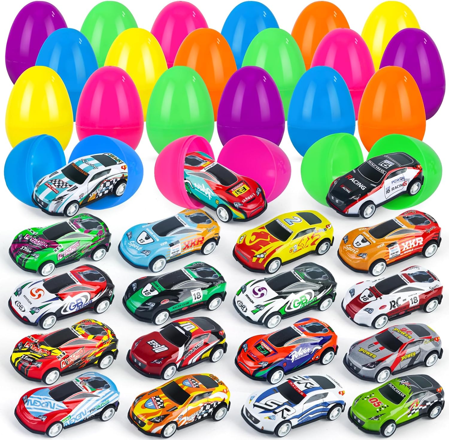 NEUBSAW 24Packs Easter Eggs with Cars for Boys, Prefilled Easter Eggs for Kids Toddlers EASTER Basket Stuffers, Party Favor Supplies for Egg Hunt, EAS TER Toys Gifts for Boys