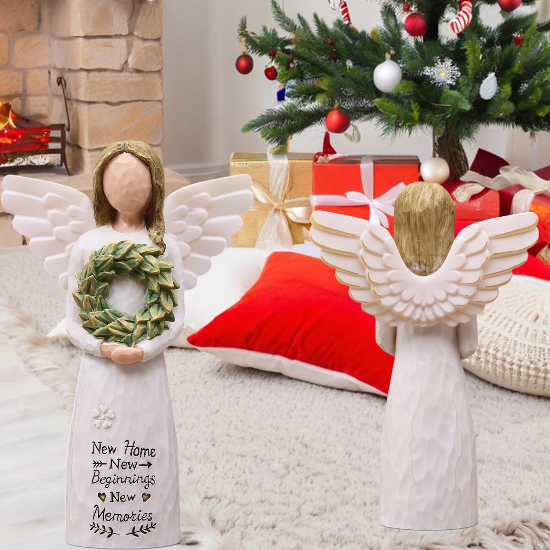 House Warming Gifts New Home Essentials, New Home Gift Ideas for Women Homeowner, Hand-Painted Resin Angel Figurine with Floral Wreath