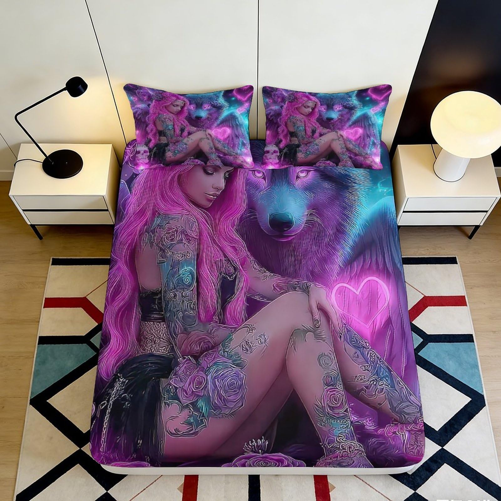 Jqzkxnhpbr Style-6 3D Printed Neon Tattoo Art Fitted Sheet Microfiber Soft Purple Fantasy Mattress Cover For Bedroom Dorm Decor 90X200x25cm