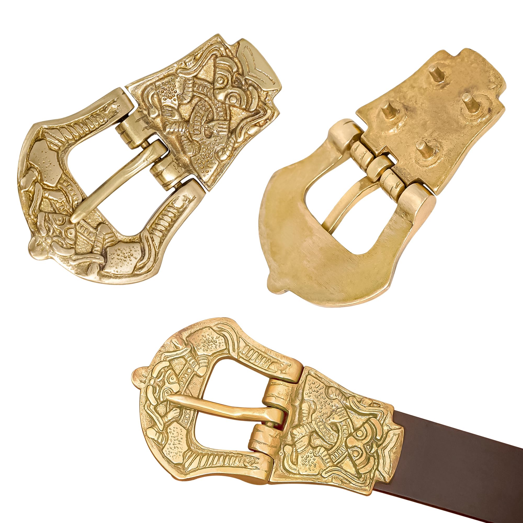 Lord of Battles Brass Belt Buckle with End Viking Style Belt Fittings, Birka-Inspired Norse Design for Medieval Reenactment & Costume Wear (Brass Buckle)