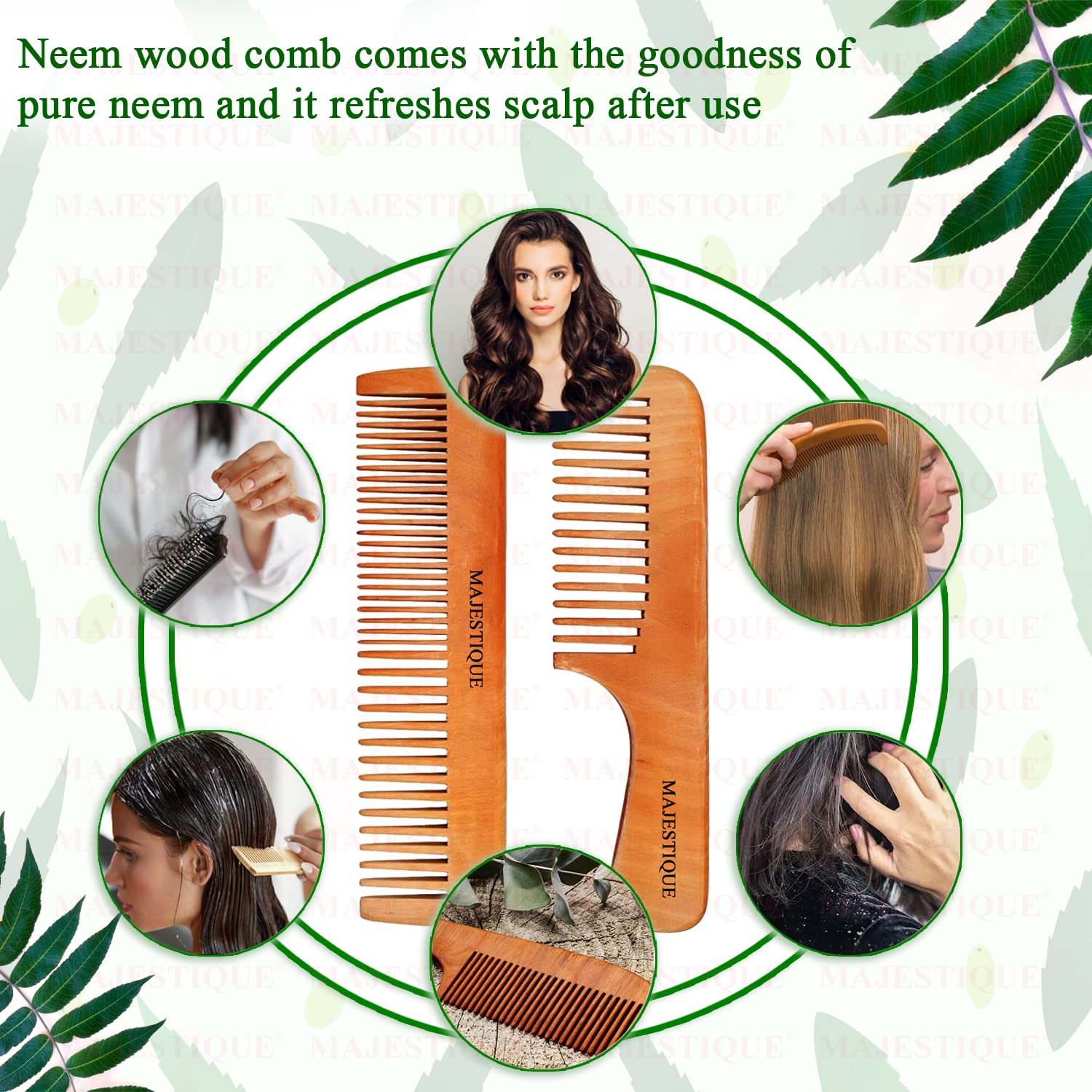 Majestique 2PCS Wooden Neem Wooden Hair Comb for Women, Wood Anti-Static & No Snag, Wodden Handcrafted Hair 1