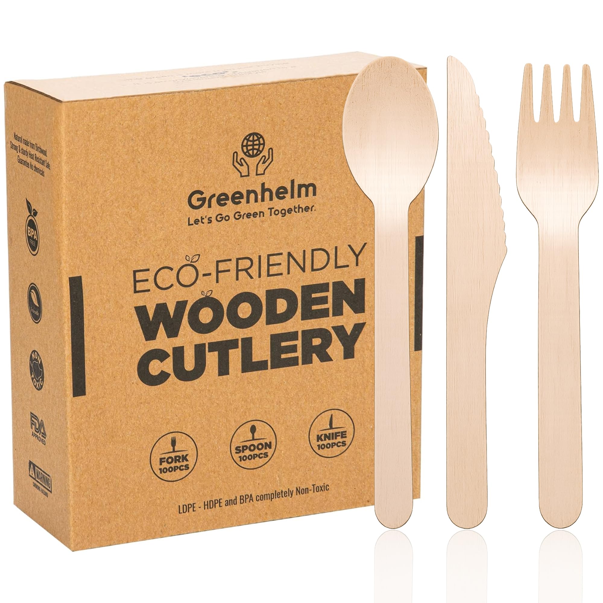Greenhelm Disposable Wooden Cutlery Set, 300Pcs, 16cm