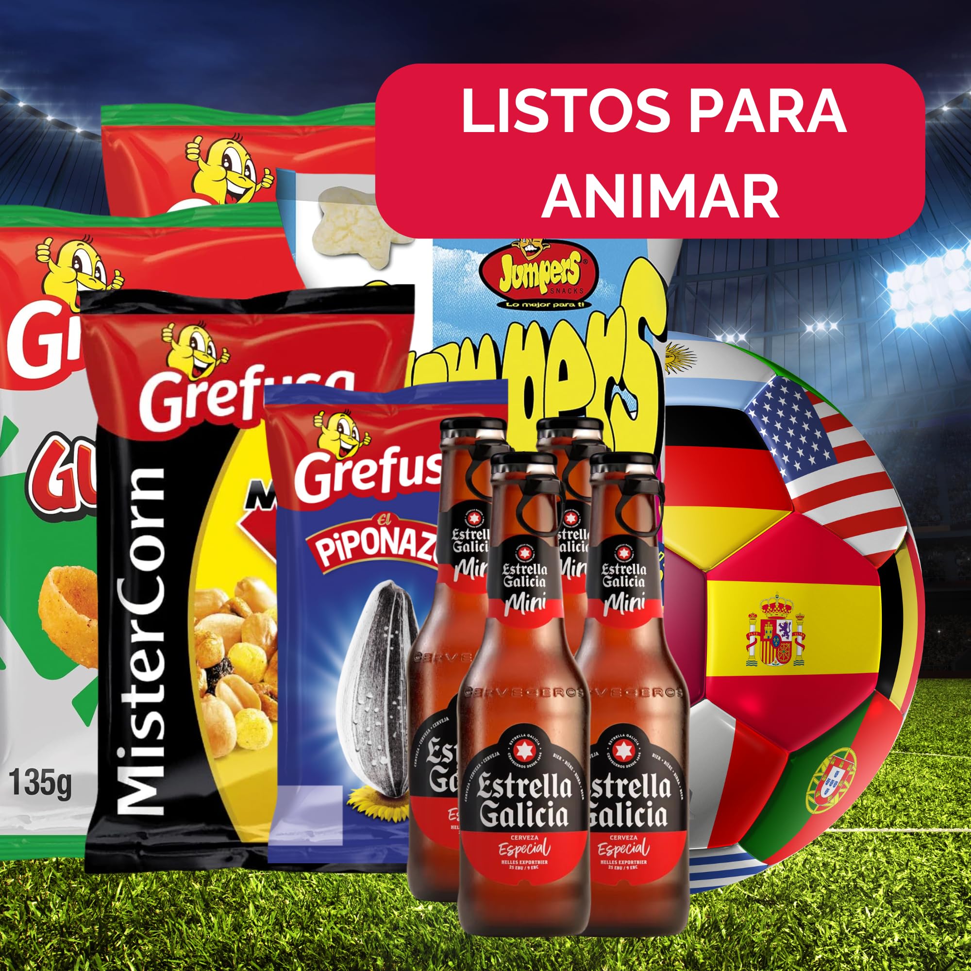 Pack Mundial Snacks Combo para 3-4 Personas con Cerveza | GublinsBBQ + MisterCorn Mix + Jumper + Piponazo + 4 Botellines | Aperitivos Variados Fútbol | Caja Regalo Mundial 2026