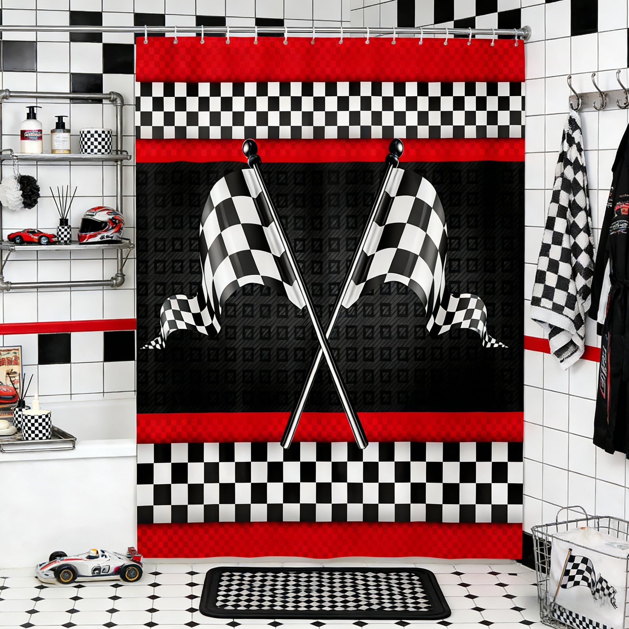 Race Car Themed Fabric Shower Curtain,Black White Checkered Flag Print Shower Curtain for Bathroom Stalls,Red Stripes Geometric Grid Plaid Waterproof