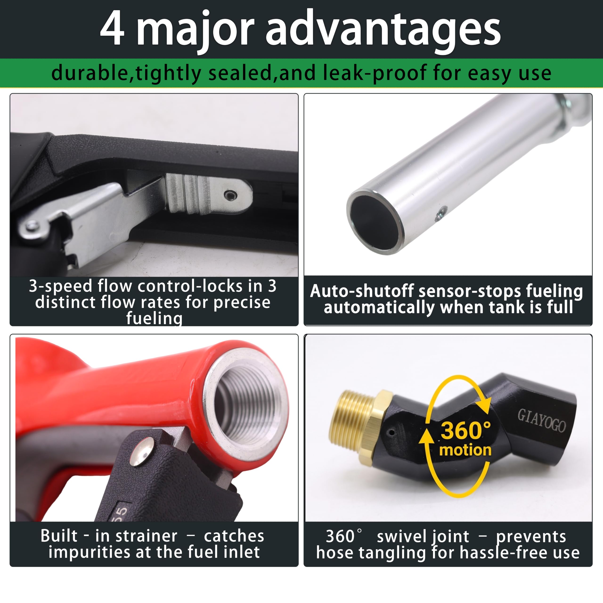 Boquilla de combustible de apagado automático NPT rojo de 3/4 pulgadas, giro de manguera de combustible, flujo alto de 16 GPM, protector de mano BP, gancho para colgar boquilla de 13/16