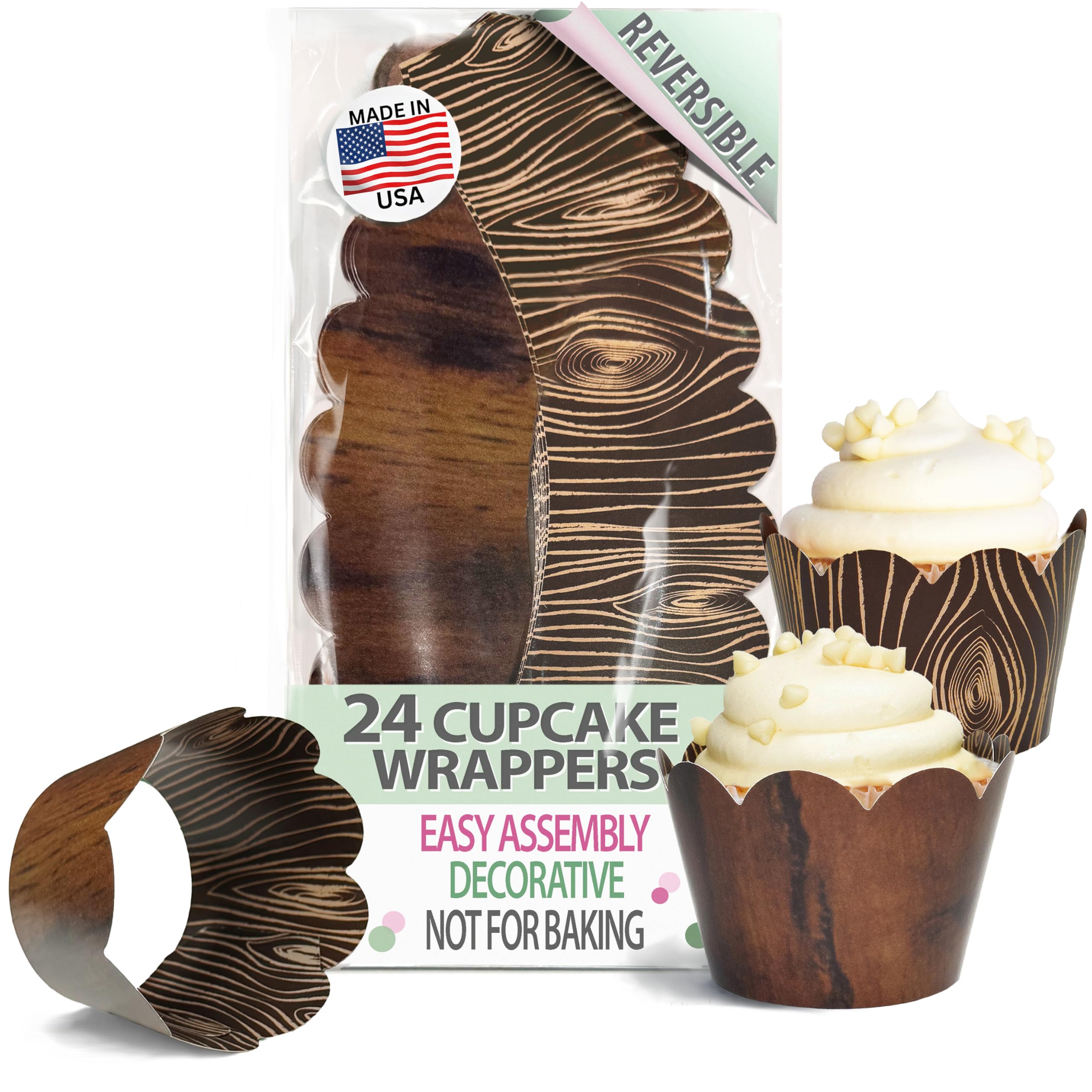 Cupcake Wrappers - Wood Grain Rustic Wedding Bridal Decor, Woodland Animal Forest Baby Shower Decorations, Cowboy Birthday Party, Decorative Dessert Wrap Liners Neutral Gender, Reversible (24 Count)
